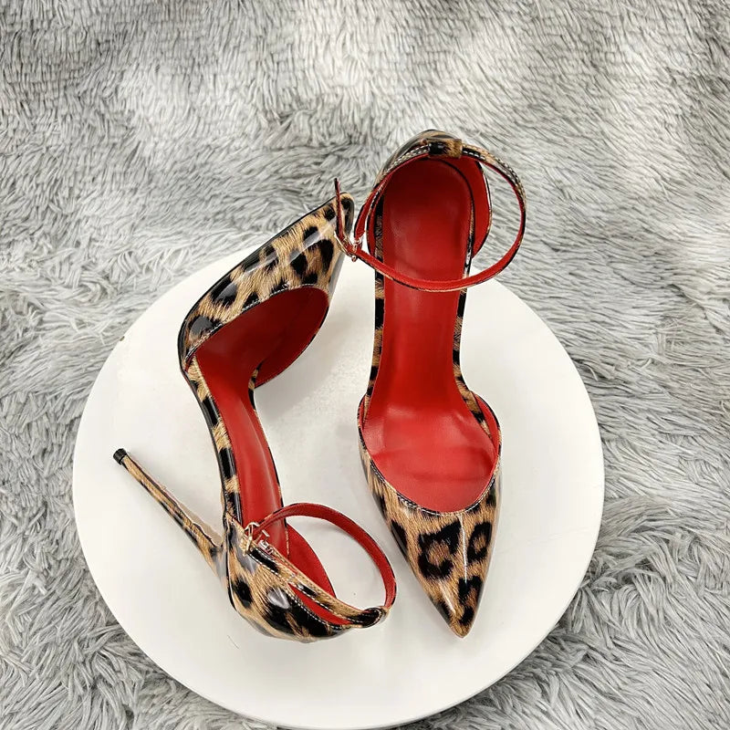 New sexy leopard print 12cm 10cm 8cm thin high heel pointed toe side empty plus dating  women pumps Baotou hollow sandals