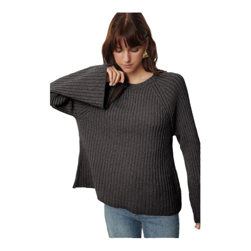 Trendyol TYZA Damen-Pullover, lässig, Übergröße, Rundhalsausschnitt, einzelnes Nummernschild, einfarbig, Strickwaren, Pullover mit Standardärmeln und Pullover