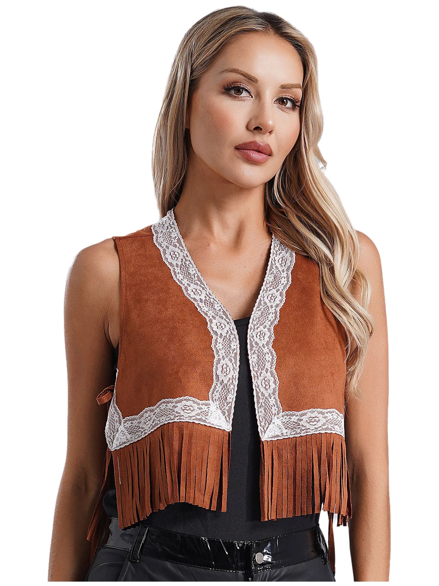 Damen Western Cowgirl ärmellose Spitzen besatz Fransen Quaste Weste Weste 70er Jahre Hippie Mantel Jacke Strickjacke Halloween Kostüm