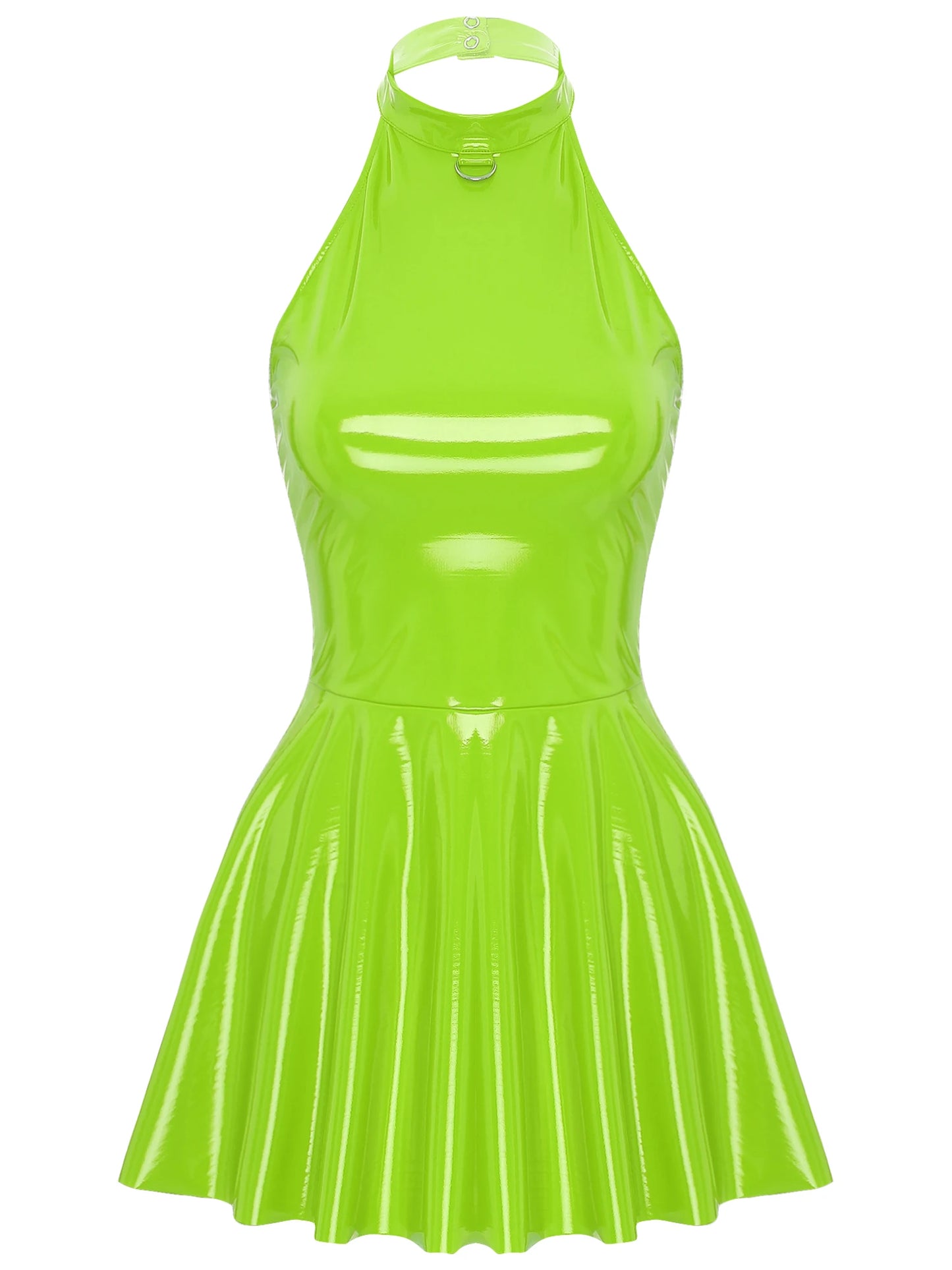 Damen Wet Look Lack leder Halfter rücken frei Skater Mini A-Linie Kleid Vinyl Latex glänzend Cocktail Party Club Kleider Clubwear