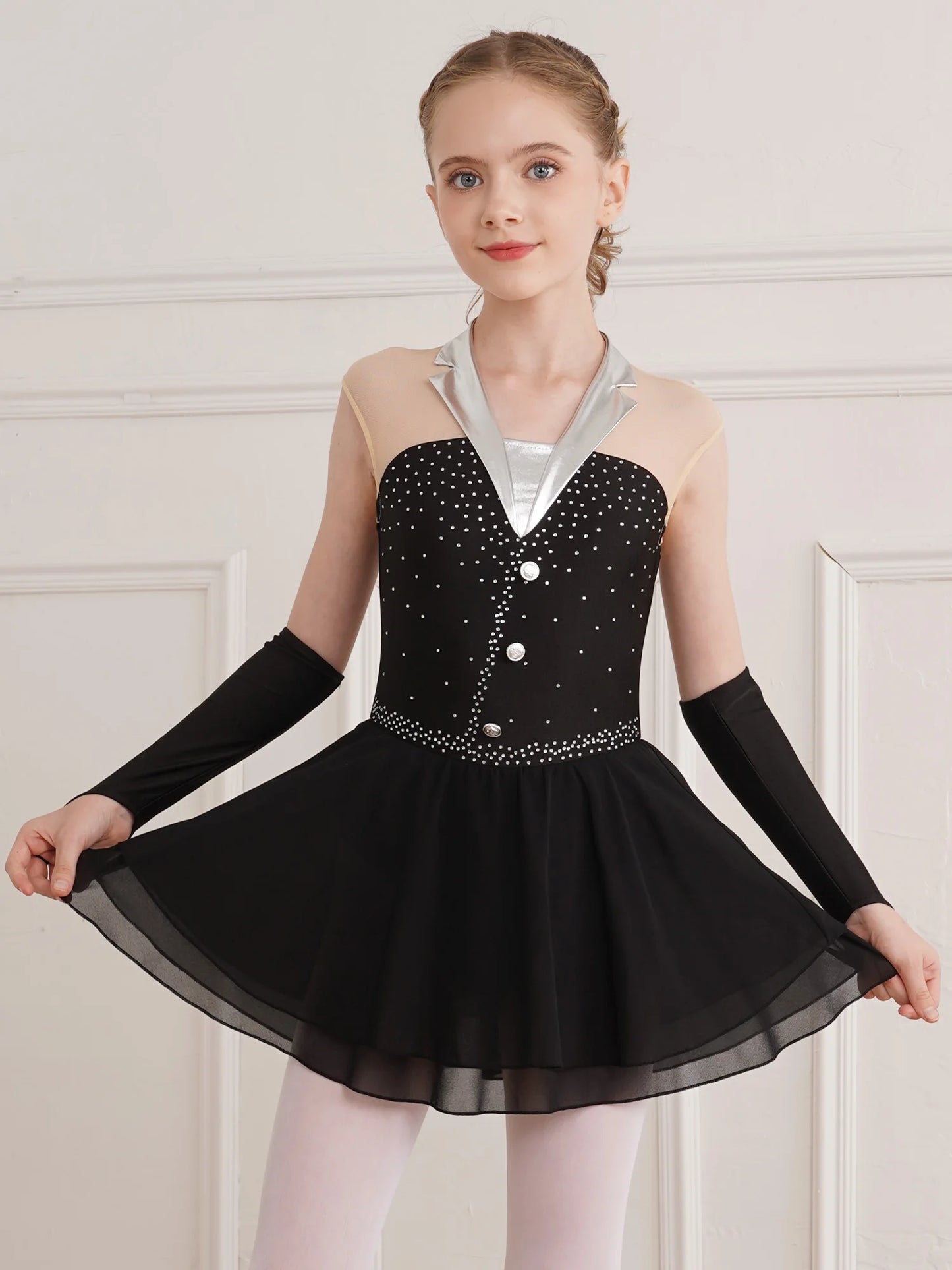 Kids Girls Figure Skating Costume Sequins Ballet Dance Dress with Fingerless Gloves Gymnastics Skirted Leotard Lyrical Dancewear