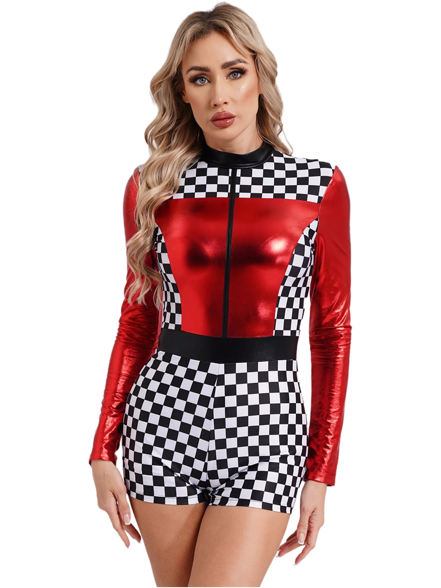 Womens Speed Car Driver Kostüm Halloween Racer Pullover Langarm Metallic Bodysuit Overall Cosplay Party Kostüm