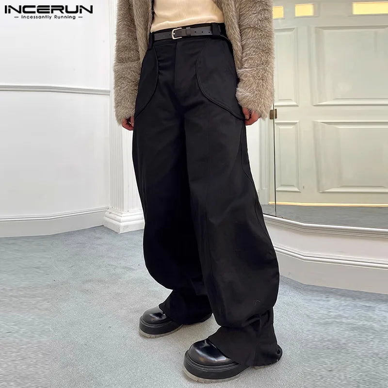 INCERUN Men Irregular Pants Solid Color Button Joggers Loose Casual Trousers Men Streetwear 2024 Pockets Fashion Leisure Pants