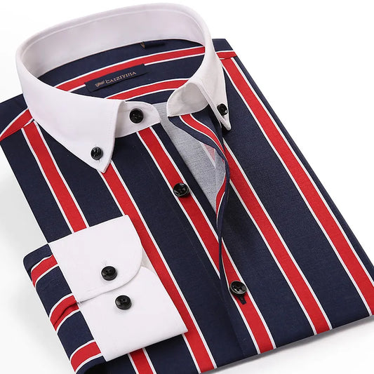 Men&#39;s Contrast Patchwork Long Sleeve Button-down Collar Dress Shirt Without Pocket Standard-fit Casual Striped Blouse Shirts