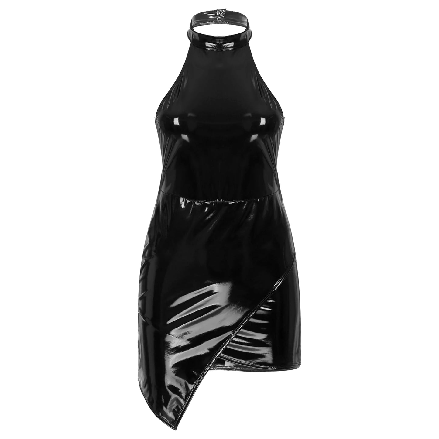 Sexy rücken freie Neck holder Bodycon Kleid Frauen Lack leder asymmetrischen Saum Mini kleid ärmellose Latex Nachtclub wear benutzer definierte