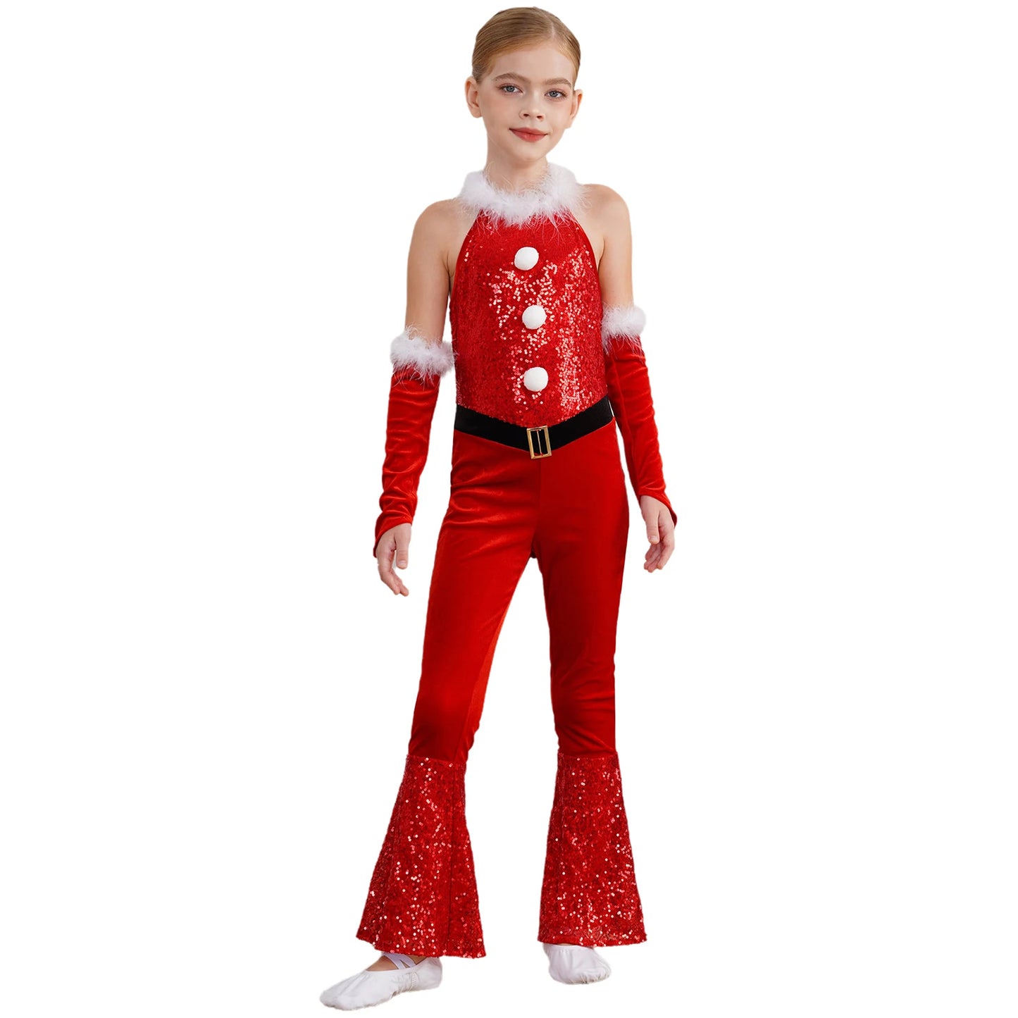 Girls Christmas Costume Santa Claus Velvet Sequins Bell Bottoms Jumpsuit with Arm Sleeve Merry Xmas Holiday Festive Outfits