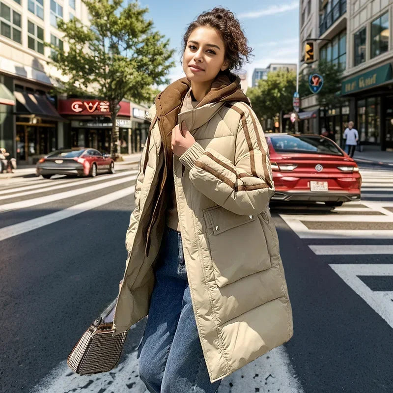 2024 Winter Women's Padded Jacket New Contrast Medium Long Fake Two Piece Down Cotton Jacket Female Hooded Casual Parkas Coats