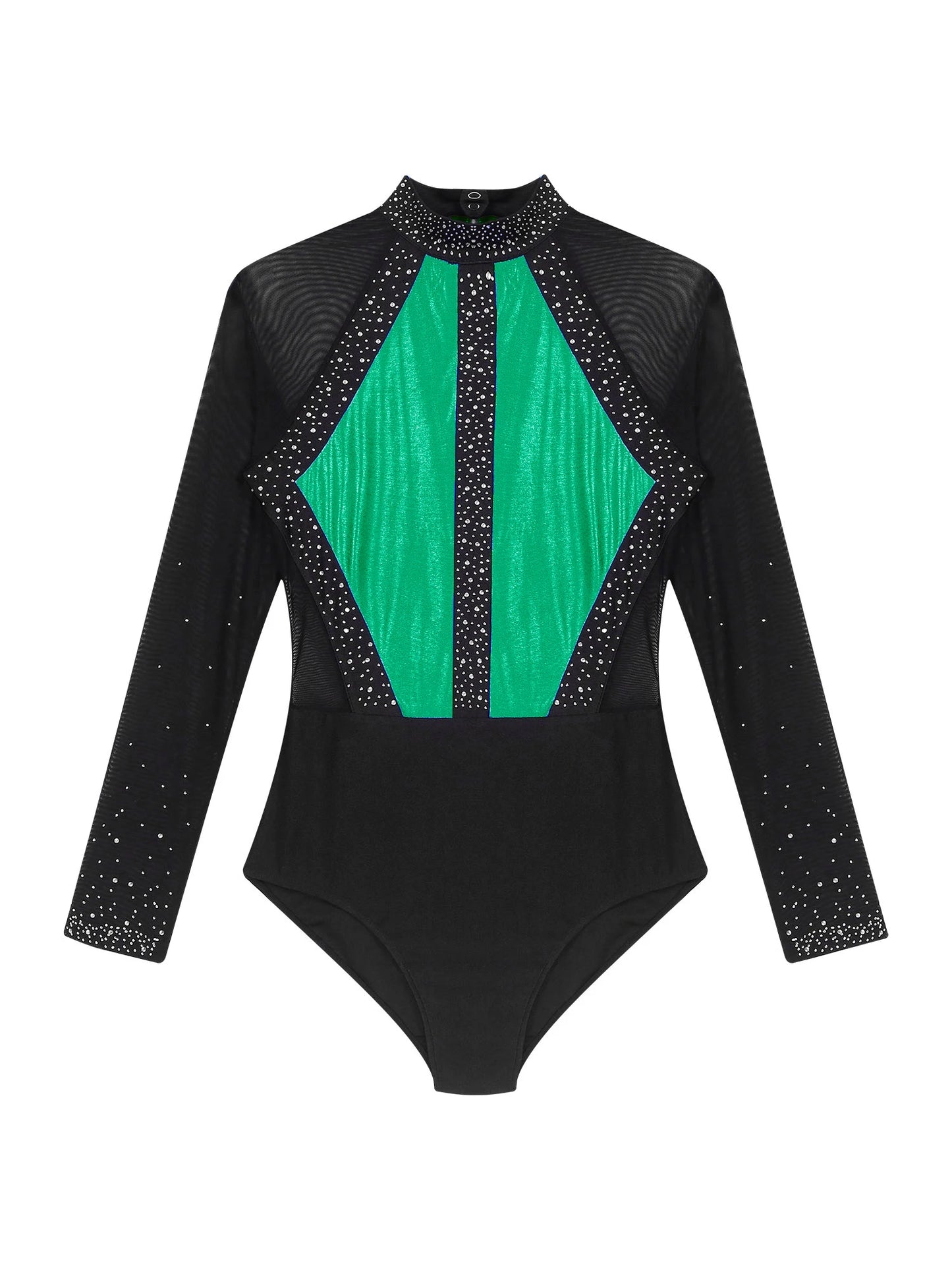 Funkelnde Strass steine für Damen Farb block Gymnastik Trikots Langarm Ballett Tanz Bodysuit Overall sportliche Tanz kleidung