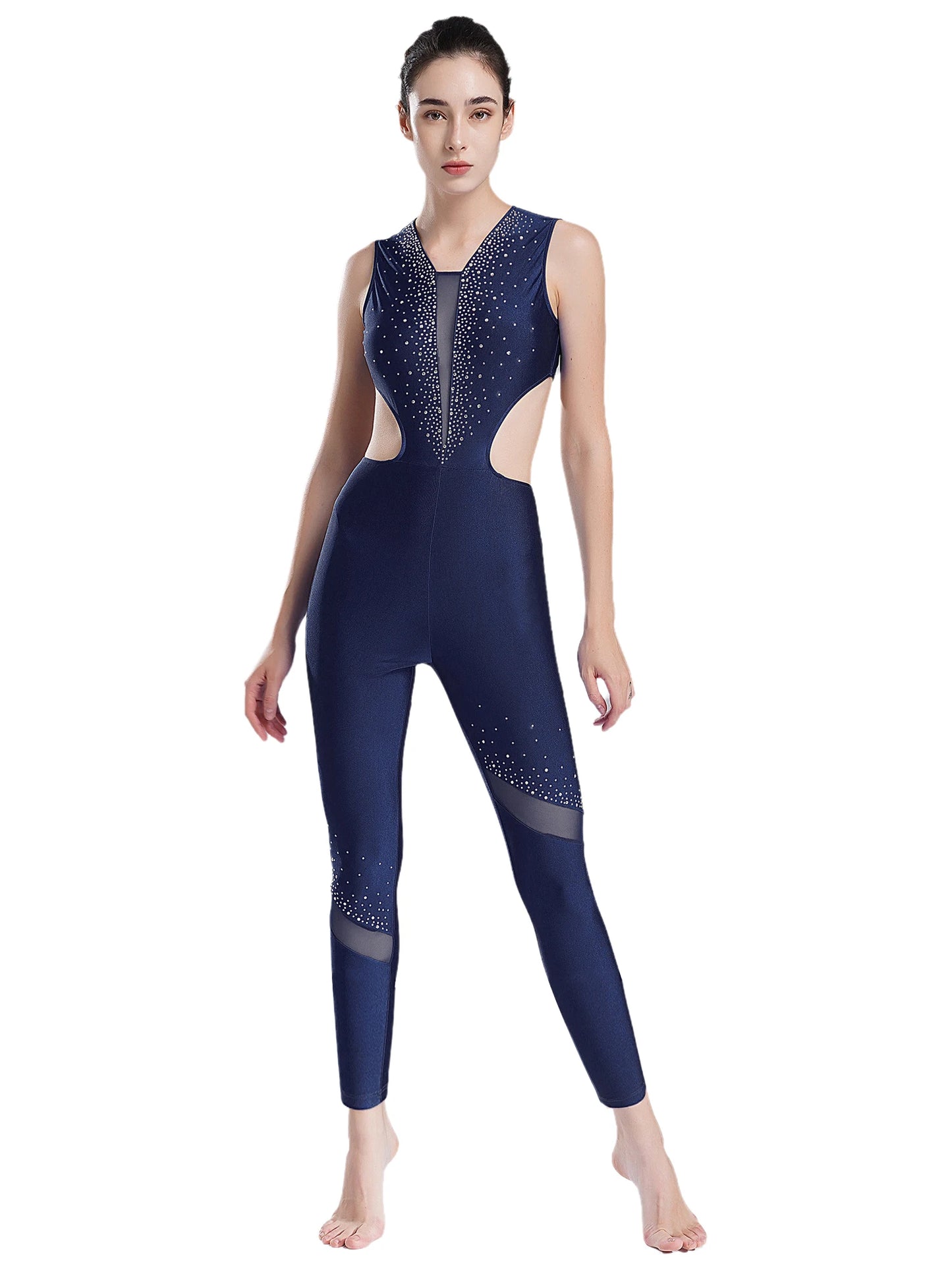 Damen Glitter Strass ärmellose Ausschnitt rücken freie Gymnastik Unitard Ballett Tanz Figur Eislauf Trikot Ganzkörper anzug