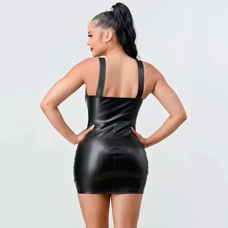 Frauen matt Kunstleder Spaghetti träger Mini kleider Dame Mode Stretch Pu kurze schlanke Front Reiß verschluss offenes Kleid Party Club benutzer definierte