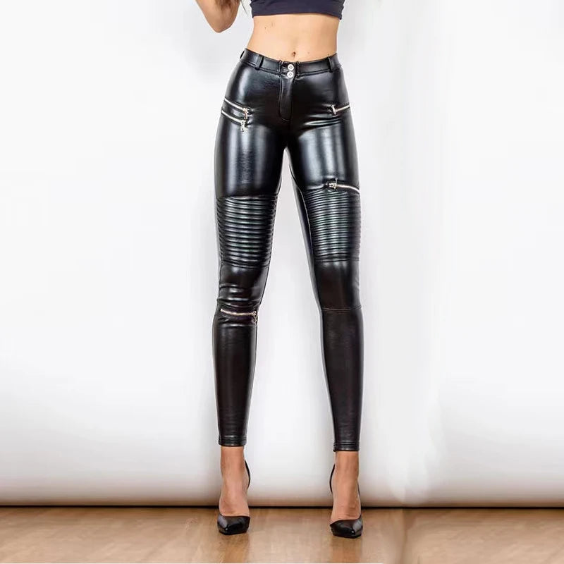 Women Punk Bodycon Stretchy Slim Trousers Streetwear Hip Pop Zip Pants High Waist Faux Leather Moto Pants  Clubwear New Custom