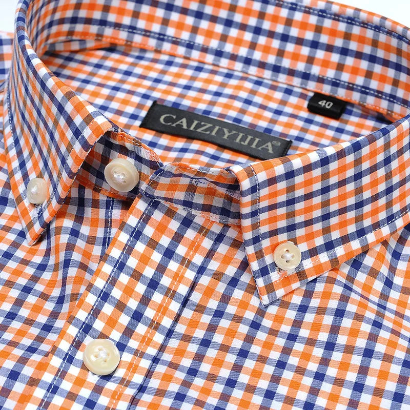 England Style Plaid Checked Cotton Men Shirts Without Pocket Long Sleeve Versatile Casual Standard-fit Button-down Gingham Shirt