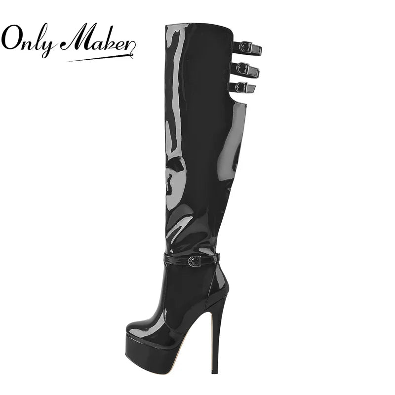 Onlymaker Dünne High Heel Stiefel Plattform Über Das Knie Patent Leder Innen Short Plüsch Schnalle Hohlen Seite Zipper Winter Stiefel