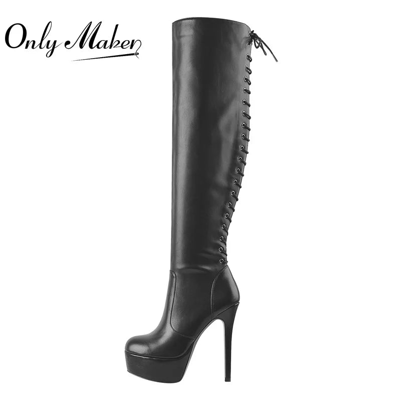 Onlymaker Spitze Up Stiefel Plattform Dünne High Heel Knie Hohe Schuhe Matte Schwarz Seite Zipper Lange Stiefel Große Größe