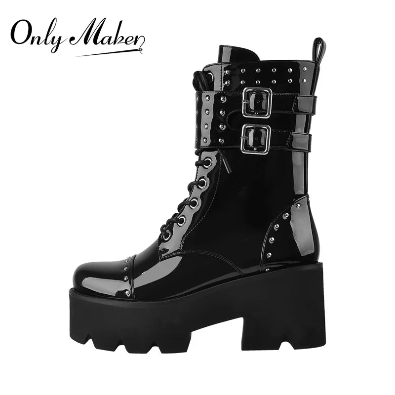 Onlymaker frauen Spitze Up Chunky High Heel Plattform Runde Kappe Patent Leder Niet Metall Schnalle Ankle Booties Zipper Große größe