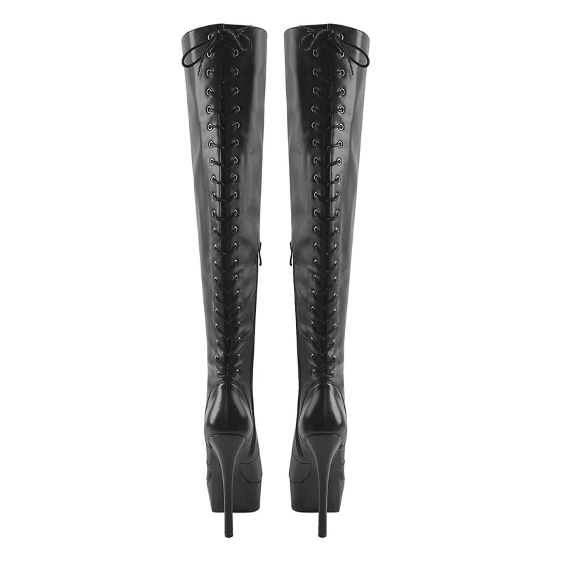 Onlymaker Spitze Up Stiefel Plattform Dünne High Heel Knie Hohe Schuhe Matte Schwarz Seite Zipper Lange Stiefel Große Größe