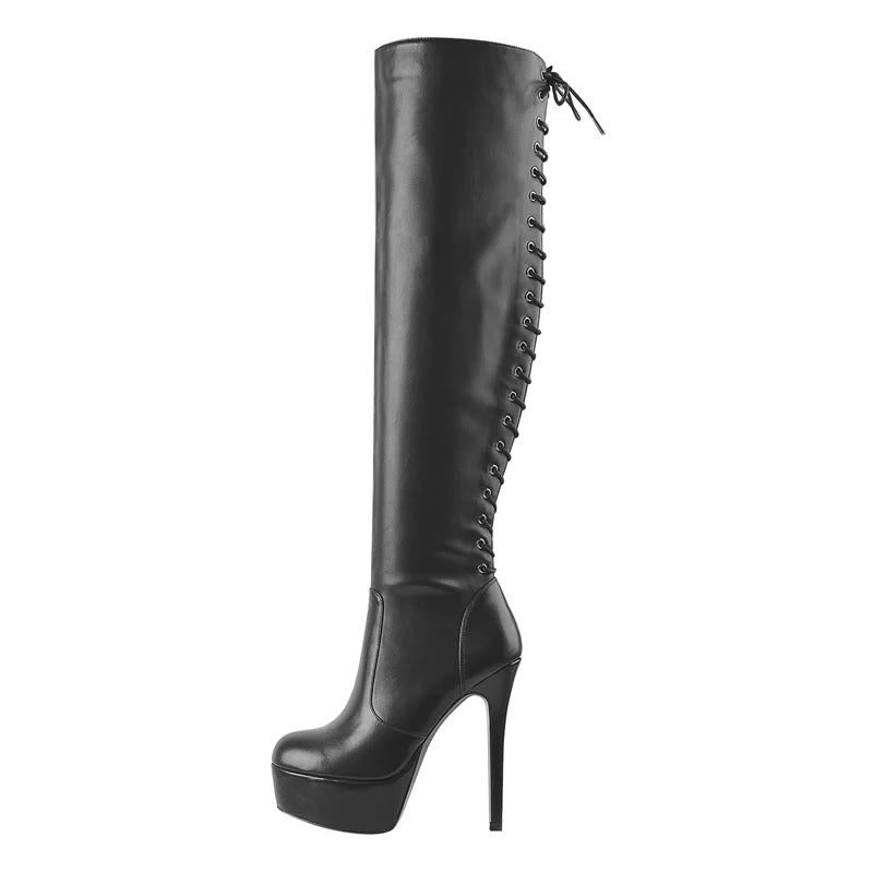 Onlymaker Spitze Up Stiefel Plattform Dünne High Heel Knie Hohe Schuhe Matte Schwarz Seite Zipper Lange Stiefel Große Größe