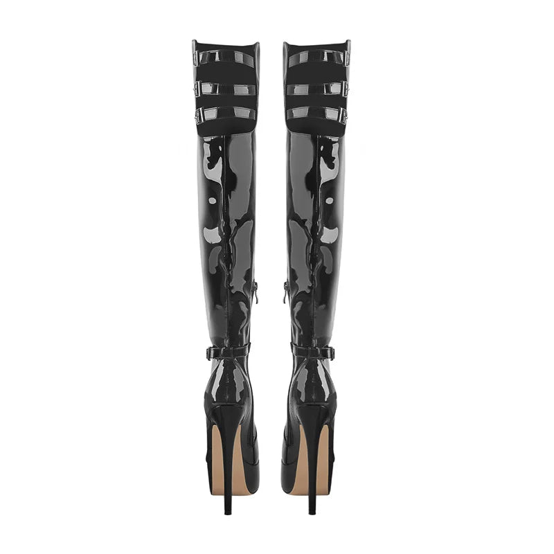 Onlymaker Dünne High Heel Stiefel Plattform Über Das Knie Patent Leder Innen Short Plüsch Schnalle Hohlen Seite Zipper Winter Stiefel