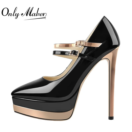 Onlymaker Frauen Plattform Pumpen Patent LeatherThin High Heels Spitz Flach Doppel Schnalle Große Größe Mary Janes Schuhe