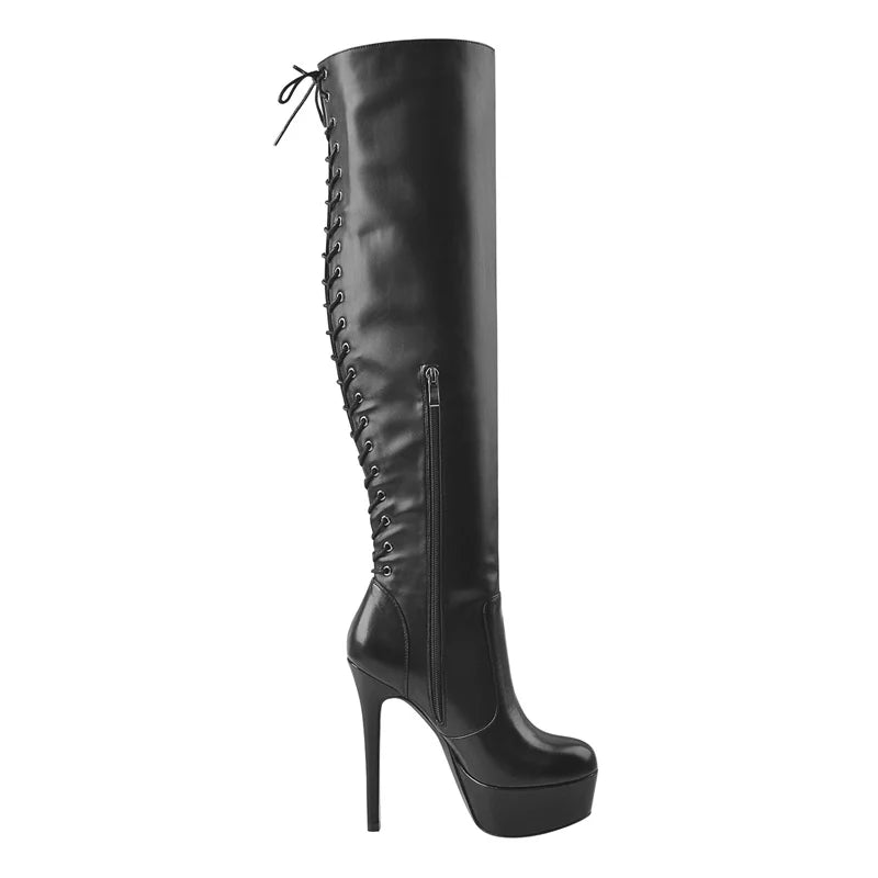 Onlymaker Spitze Up Stiefel Plattform Dünne High Heel Knie Hohe Schuhe Matte Schwarz Seite Zipper Lange Stiefel Große Größe