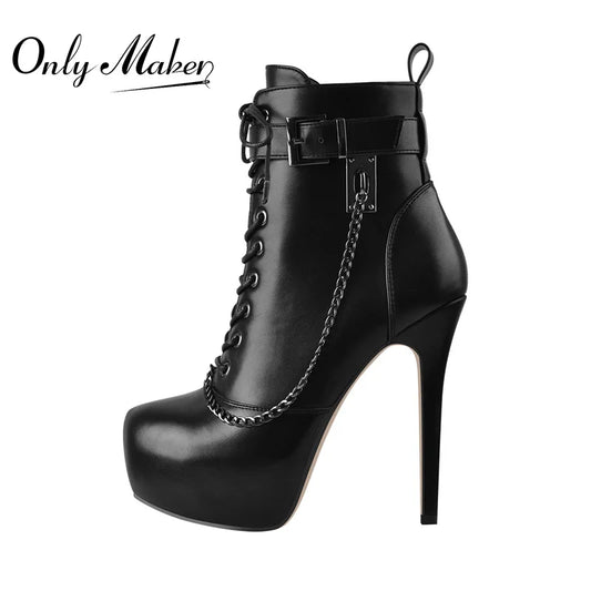 Onlymaker Frauen Dünne High Heels Lace Up Inneren Plattform Metall Kette Dekoration Ankle Booties Schnalle Matte Schwarz Schuhe Zipper