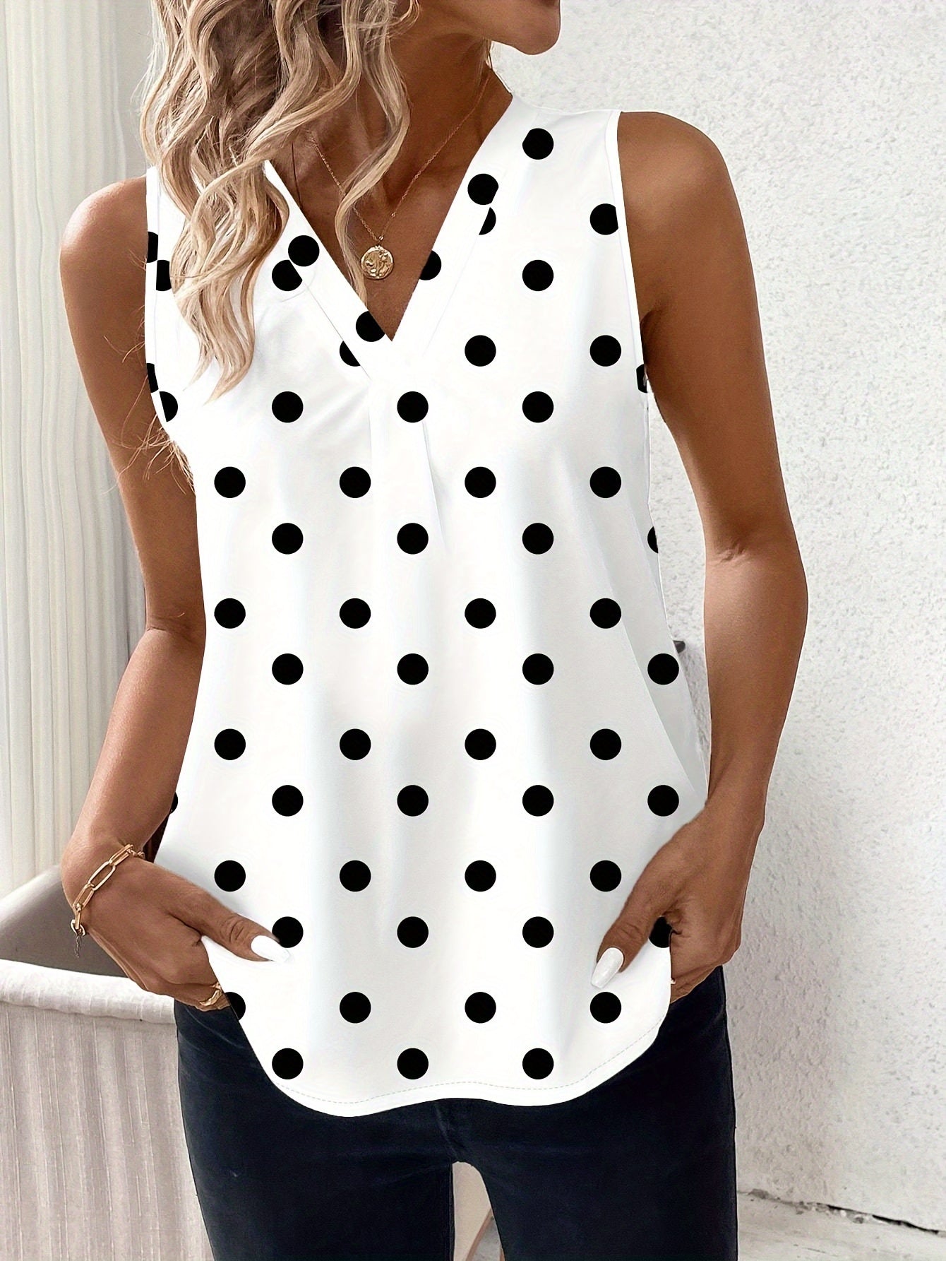 Polka Dot V Neck Tank Top, Sleeveless Elegant Top For Summer & Spring, Women's Clothing