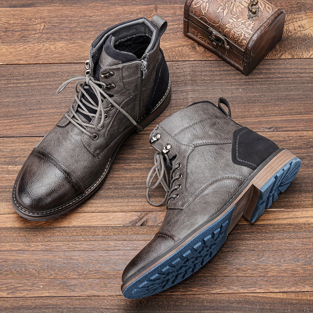 Plus Size Men's Trendy High Top Boots With Side Zipper, Comfy Non Slip Casual Rubber Sole Shoes For Men's Outdoor Activities