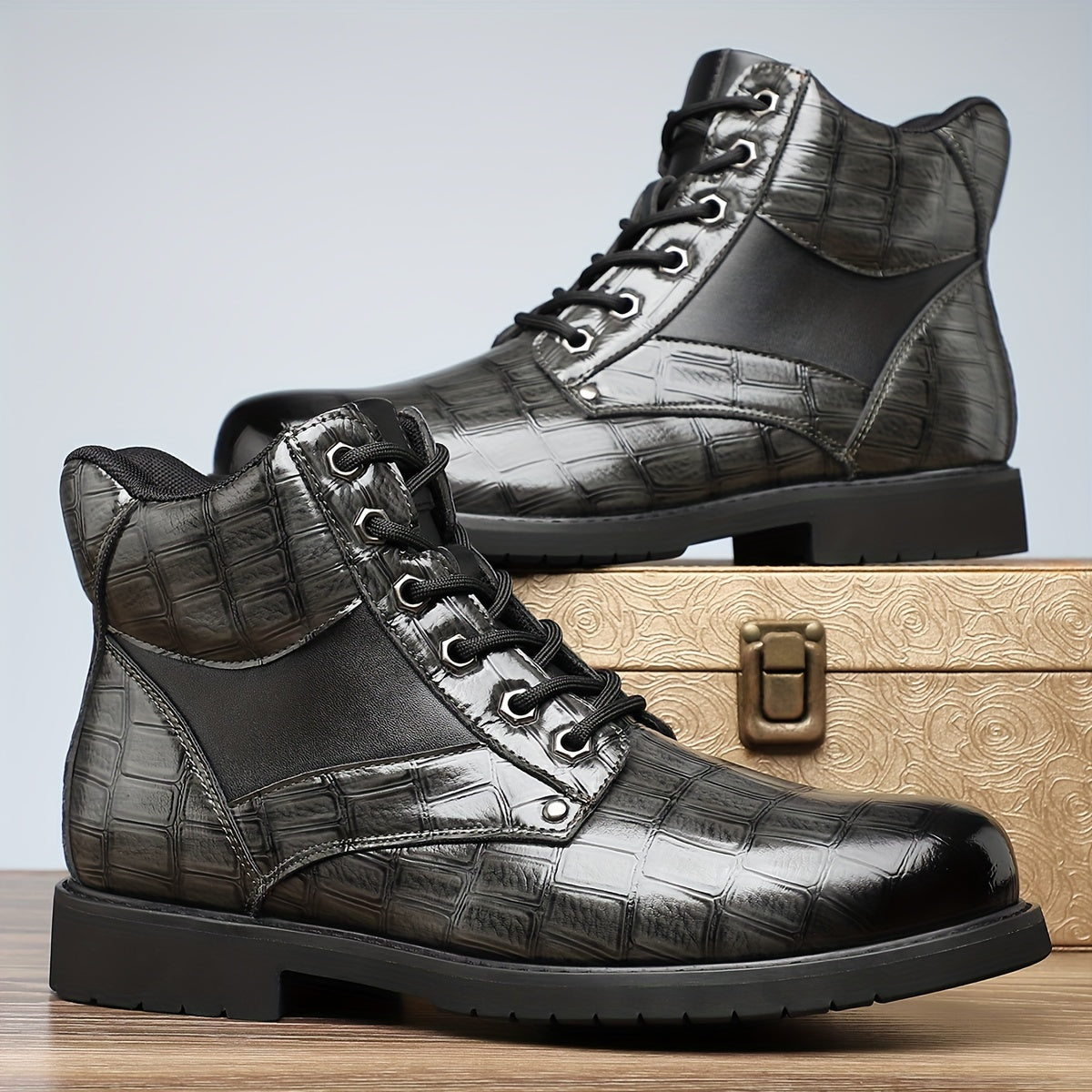 Men's Leather Hiking Boots - 27025: Stylish, Seasonless, and Durable PU Leather with Rubber Sole and Comfortable PU Lining