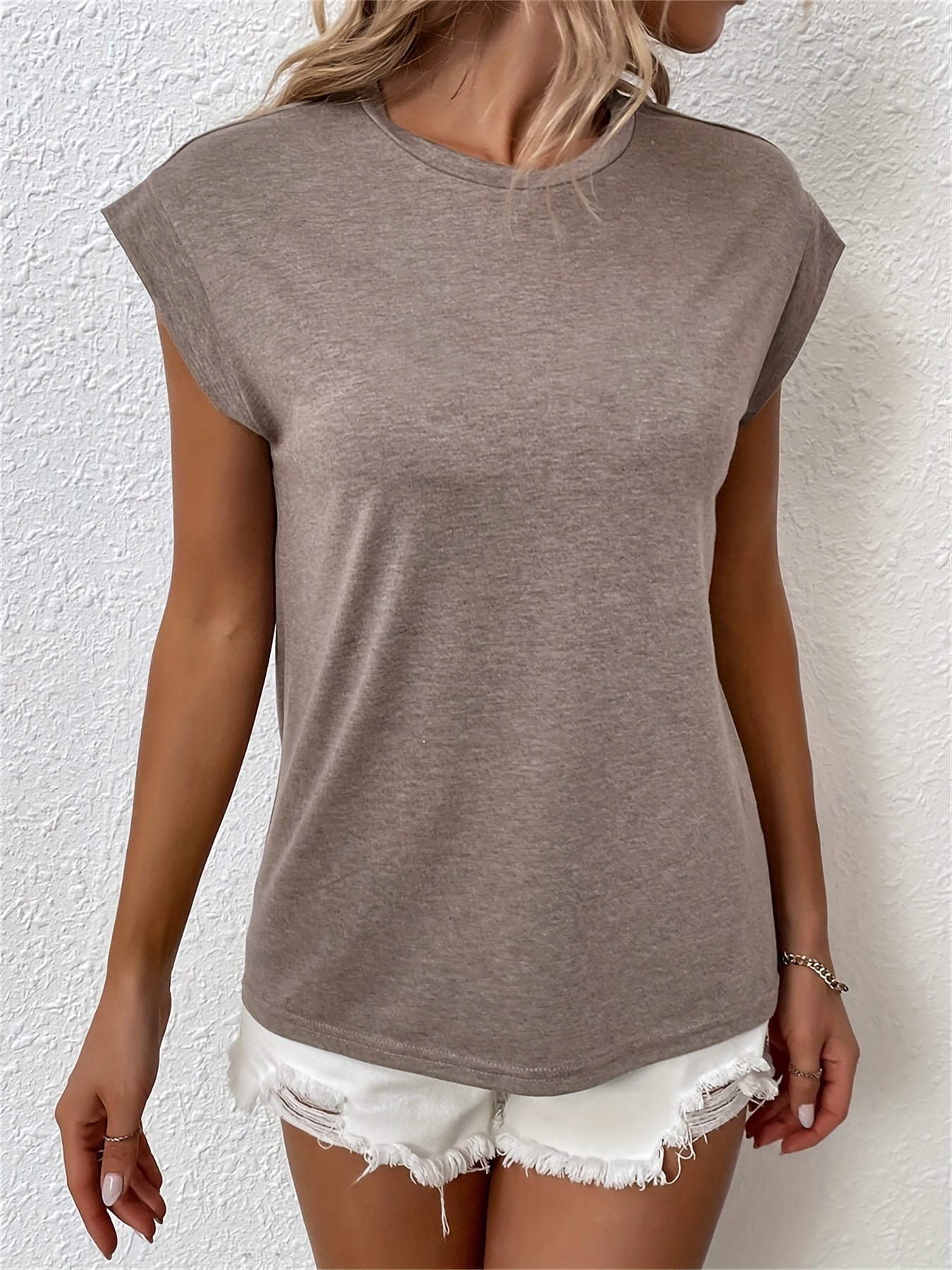 Solid Color Cap Sleeve T-Shirt, Casual Crew Neck Top For Spring & Summer, Women's Clothing