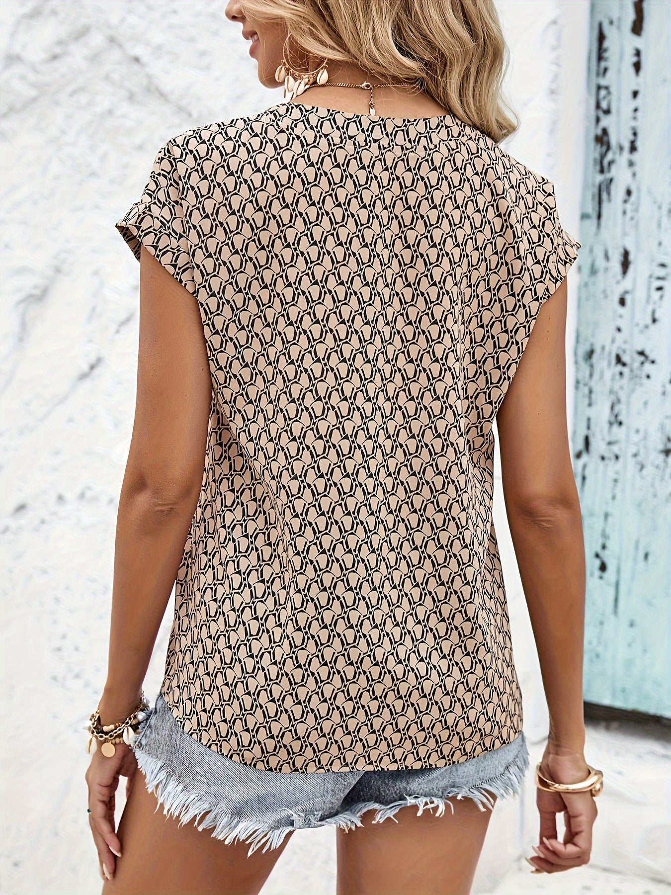 Geo Print Notched Neck Blouse, Casual Batwing Sleeve Blouse For Spring & Summer, Women's Clothing