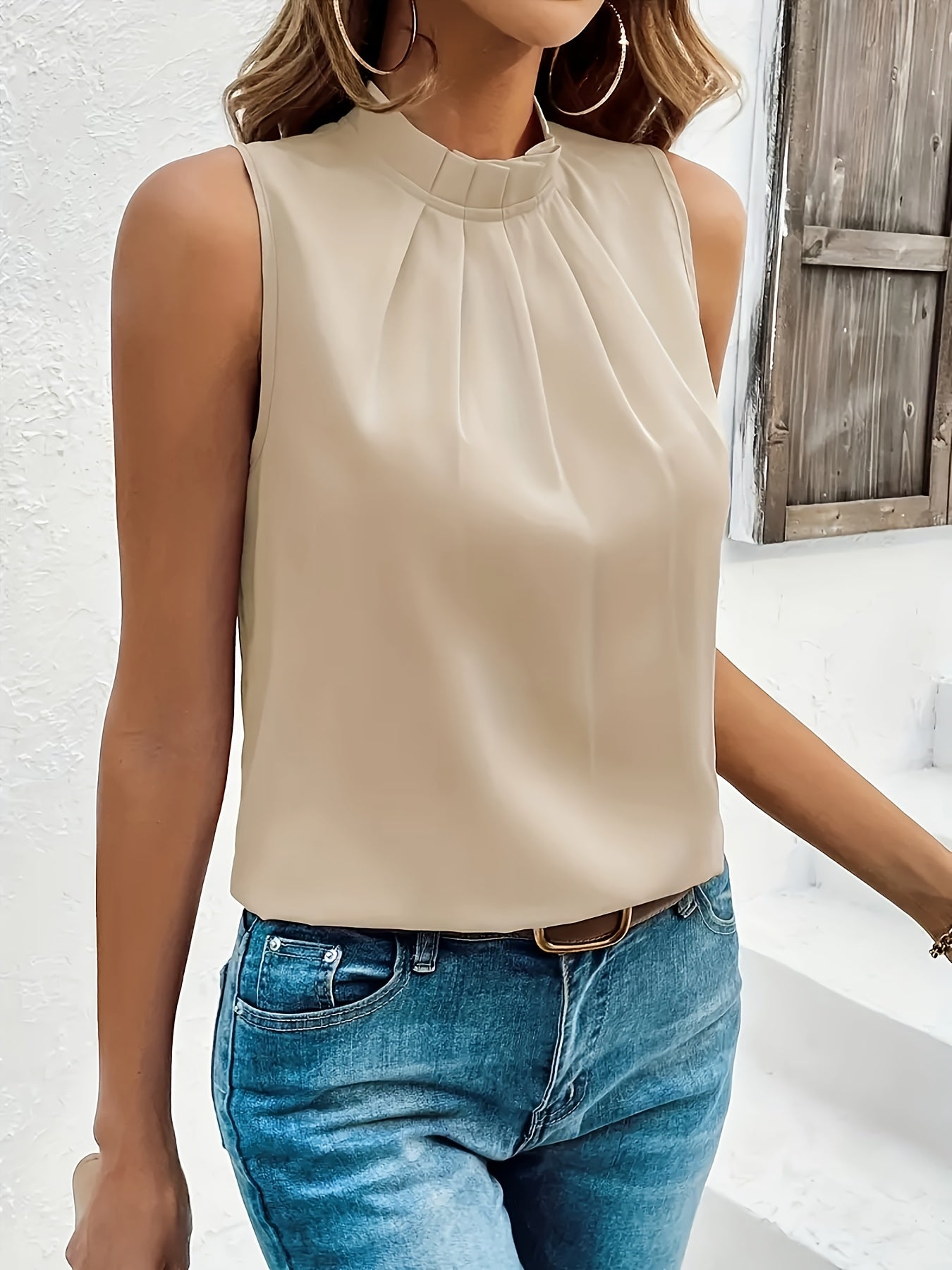 Solid Mock Neck Blouse, Elegant Sleeveless Ruched Blouse For Spring & Summer, Women's Clothing