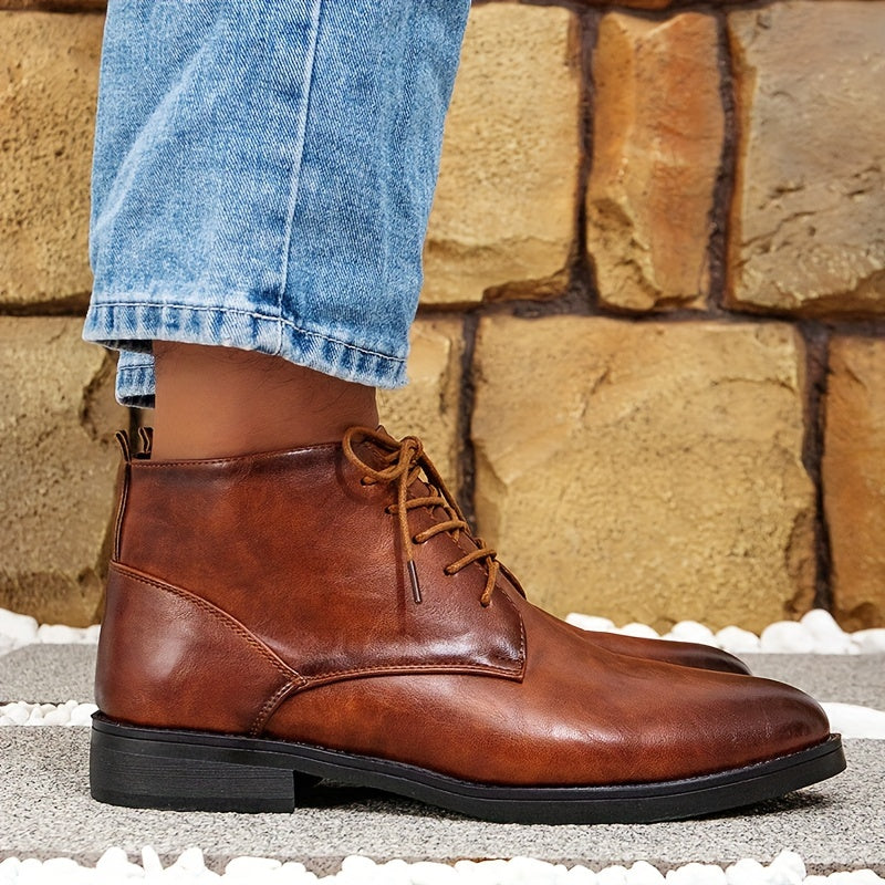 Men's Vintage-Inspired Ankle Boots - Casual Lace-Up, Non-Slip PVC Sole, All-Season Wear