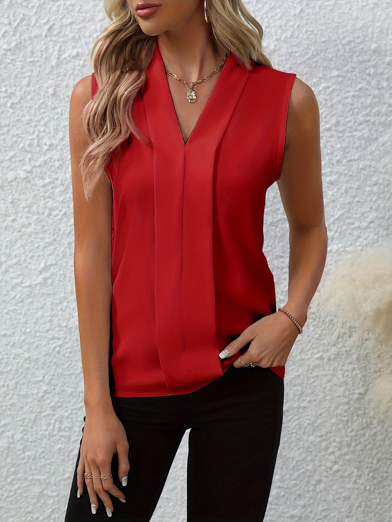 Chic V-neck Blouse, Elegant Sleeveless Top For Spring & Summer, Women's Clothing