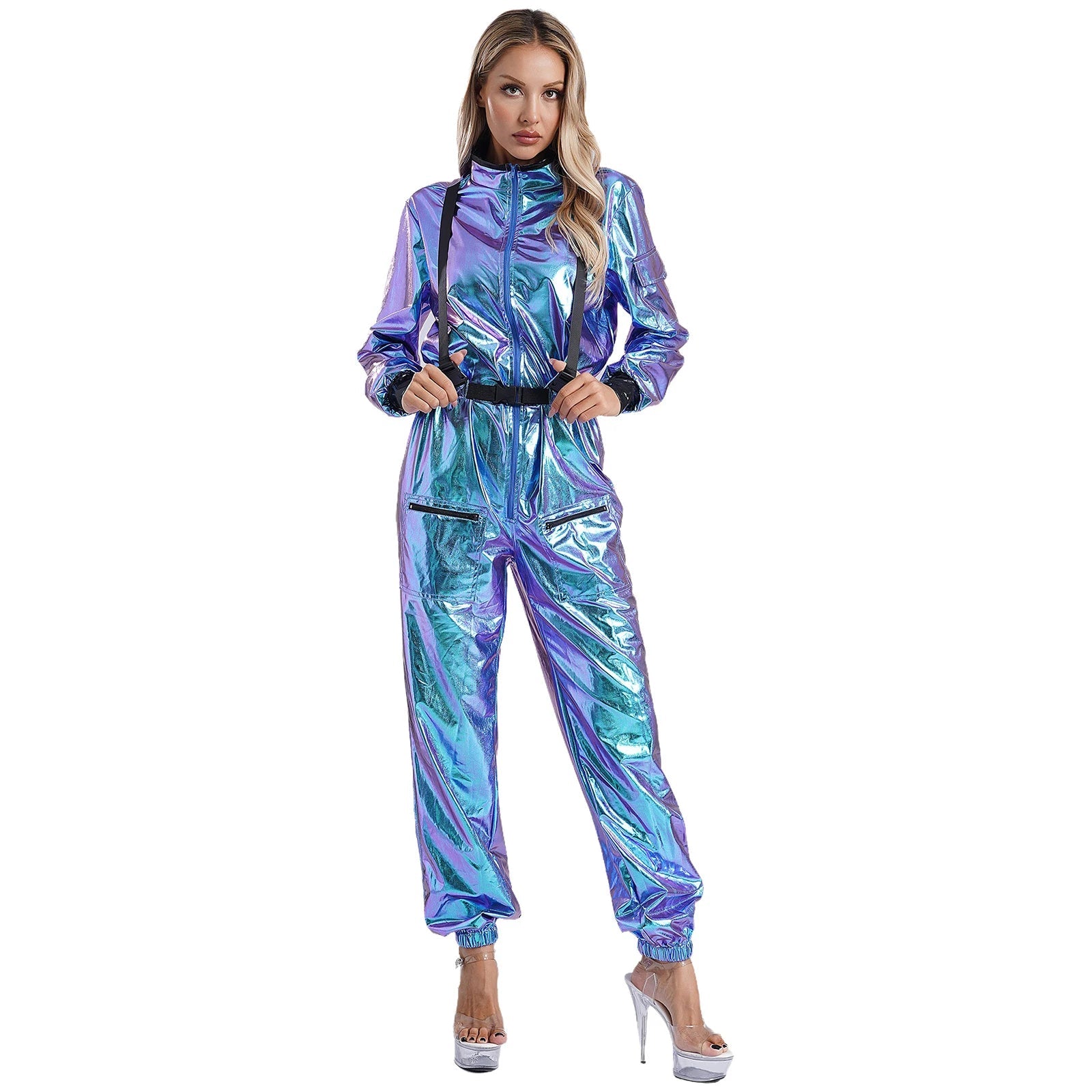 Damen Astronauten Kostüm Erwachsenen glänzenden metallischen Raumanzug Halloween Flug voller Body Overall Rollenspiel verkleiden - Blockshop.store