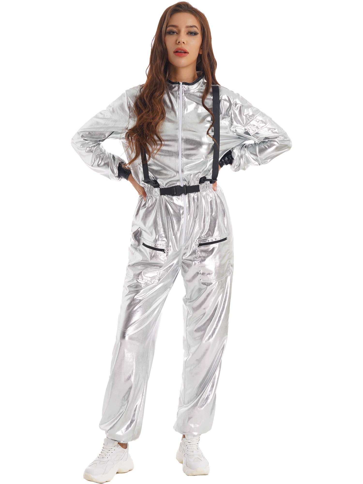 Damen Astronauten Kostüm Erwachsenen glänzenden metallischen Raumanzug Halloween Flug voller Body Overall Rollenspiel verkleiden - Blockshop.store