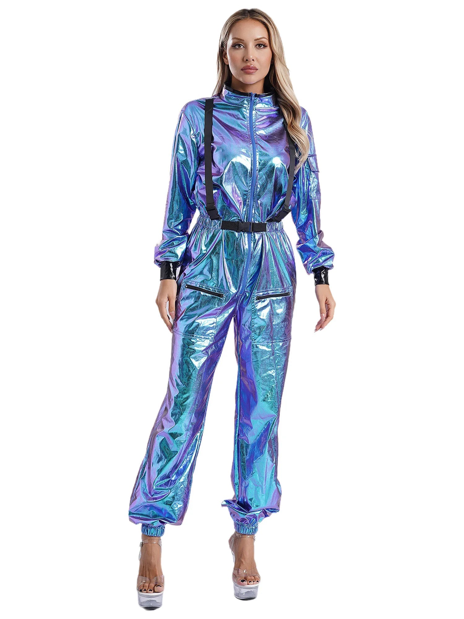 Damen Astronauten Kostüm Erwachsenen glänzenden metallischen Raumanzug Halloween Flug voller Body Overall Rollenspiel verkleiden - Blockshop.store