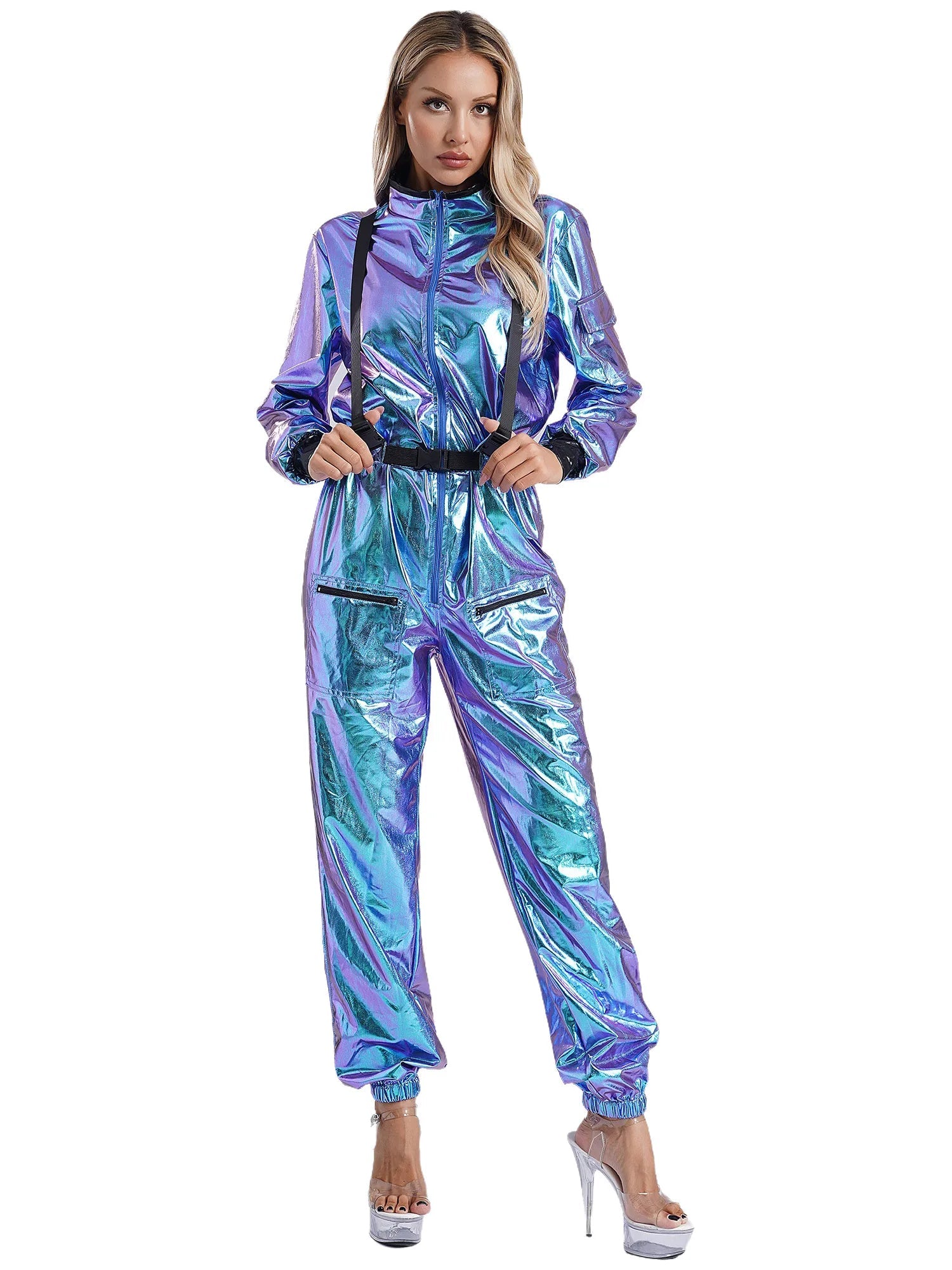 Damen Astronauten Kostüm Erwachsenen glänzenden metallischen Raumanzug Halloween Flug voller Body Overall Rollenspiel verkleiden - Blockshop.store