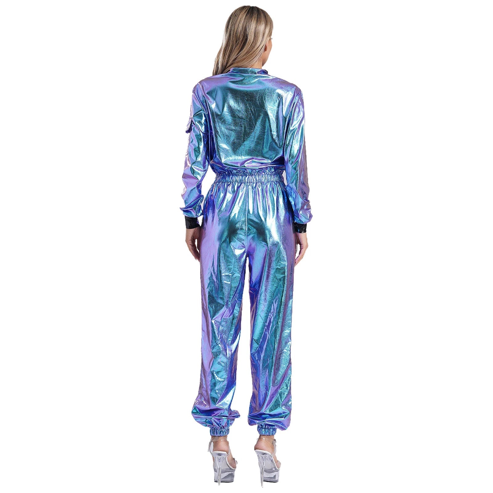Damen Astronauten Kostüm Erwachsenen glänzenden metallischen Raumanzug Halloween Flug voller Body Overall Rollenspiel verkleiden - Blockshop.store