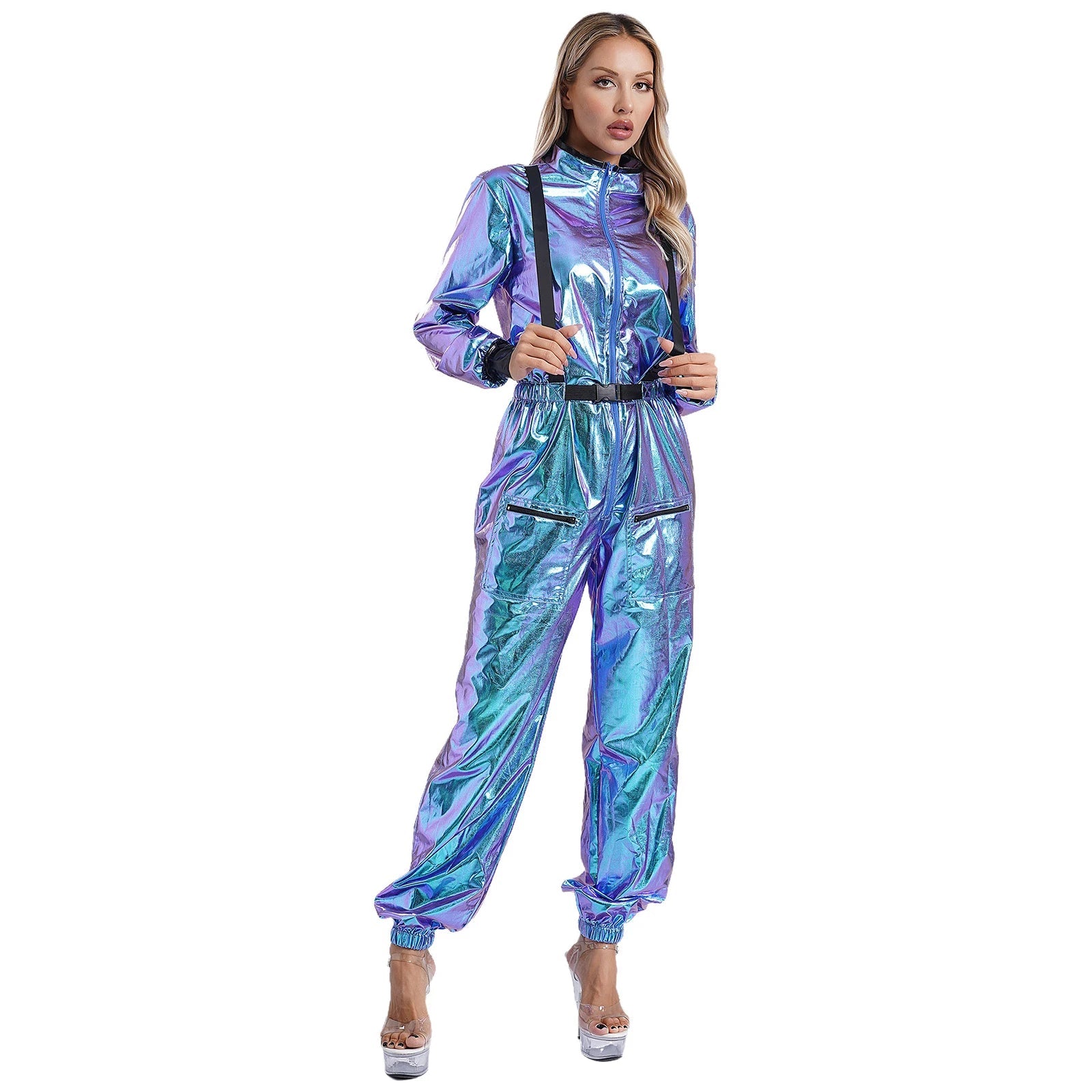 Damen Astronauten Kostüm Erwachsenen glänzenden metallischen Raumanzug Halloween Flug voller Body Overall Rollenspiel verkleiden - Blockshop.store
