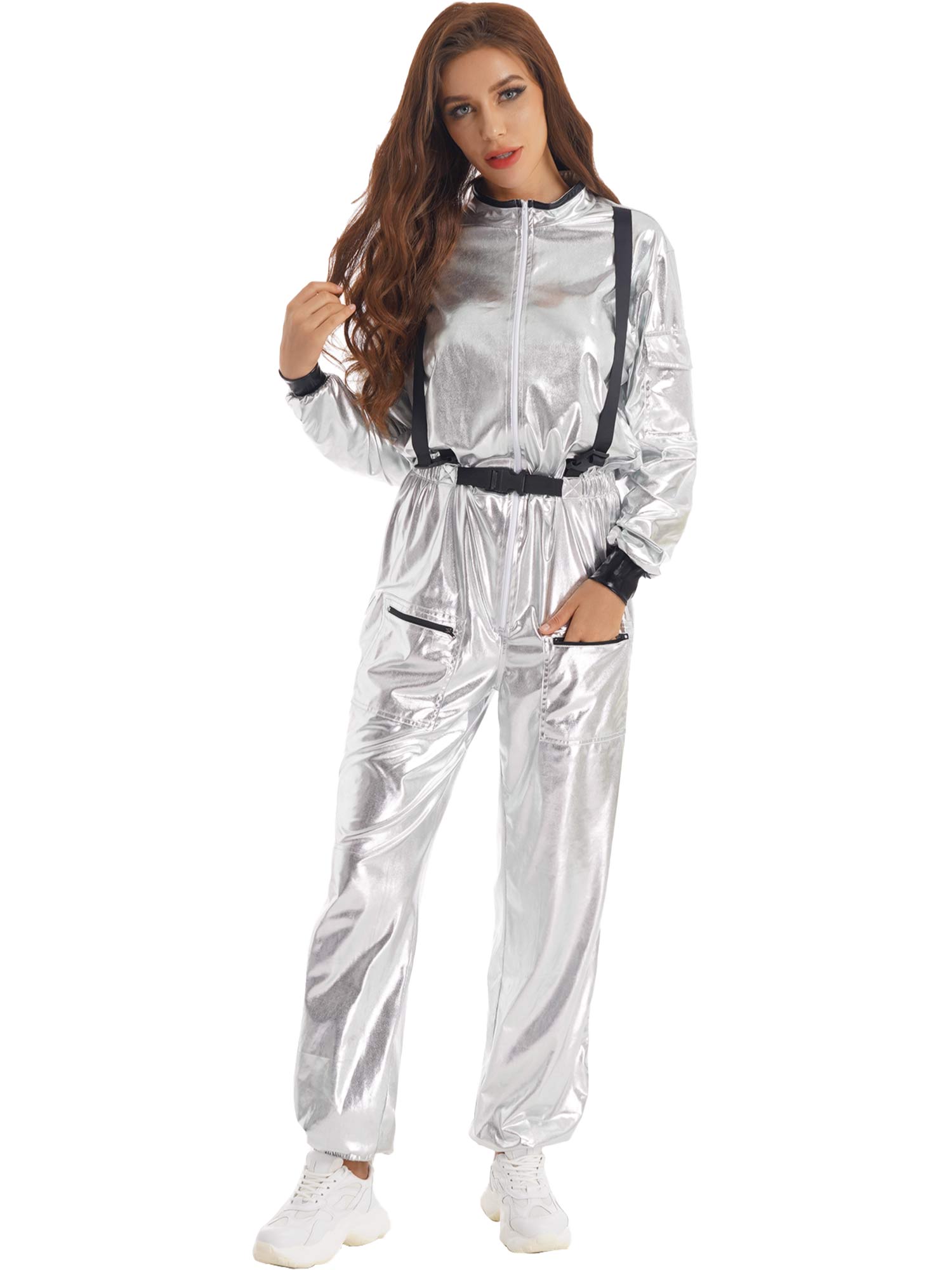 Damen Astronauten Kostüm Erwachsenen glänzenden metallischen Raumanzug Halloween Flug voller Body Overall Rollenspiel verkleiden - Blockshop.store