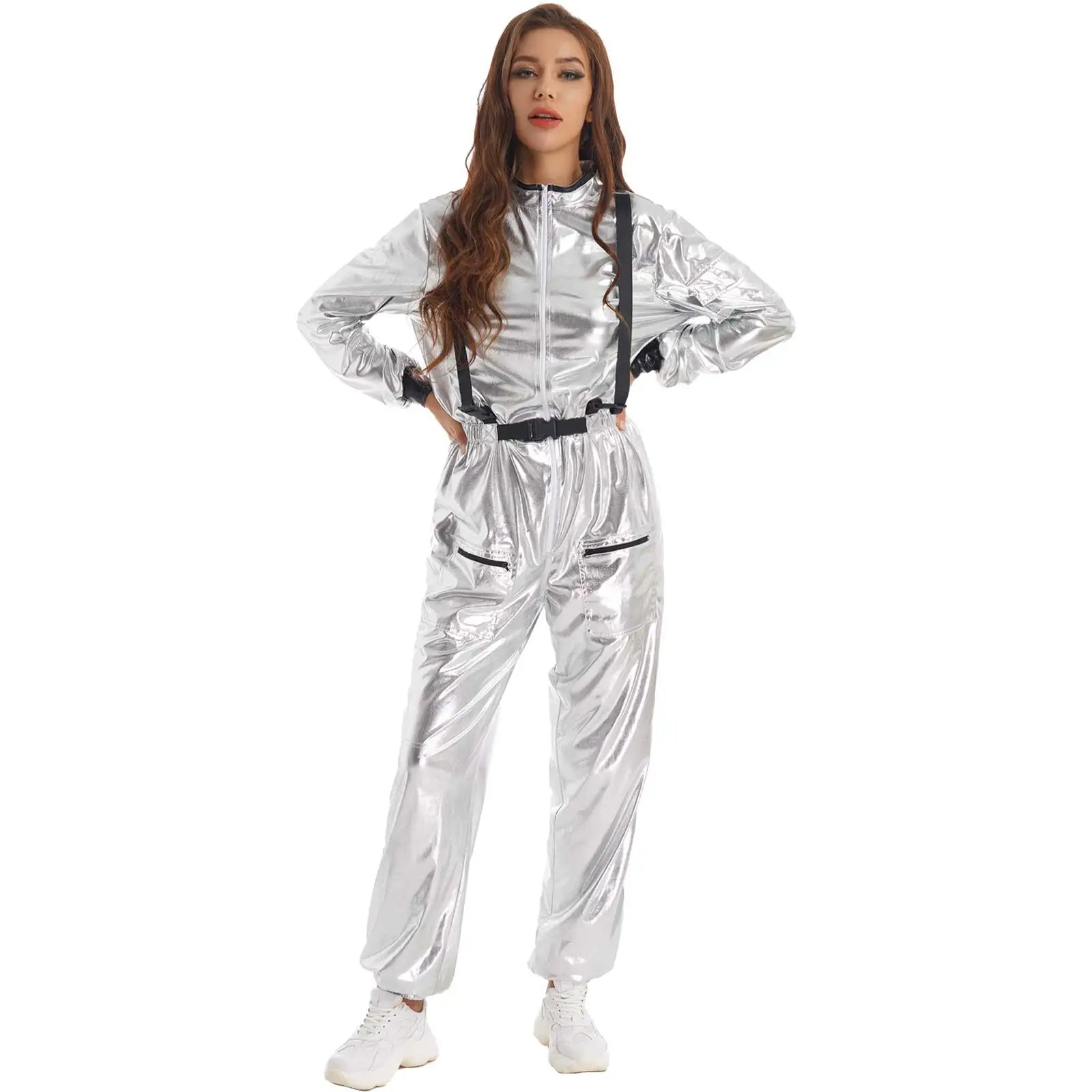 Damen Astronauten Kostüm Erwachsenen glänzenden metallischen Raumanzug Halloween Flug voller Body Overall Rollenspiel verkleiden - Blockshop.store