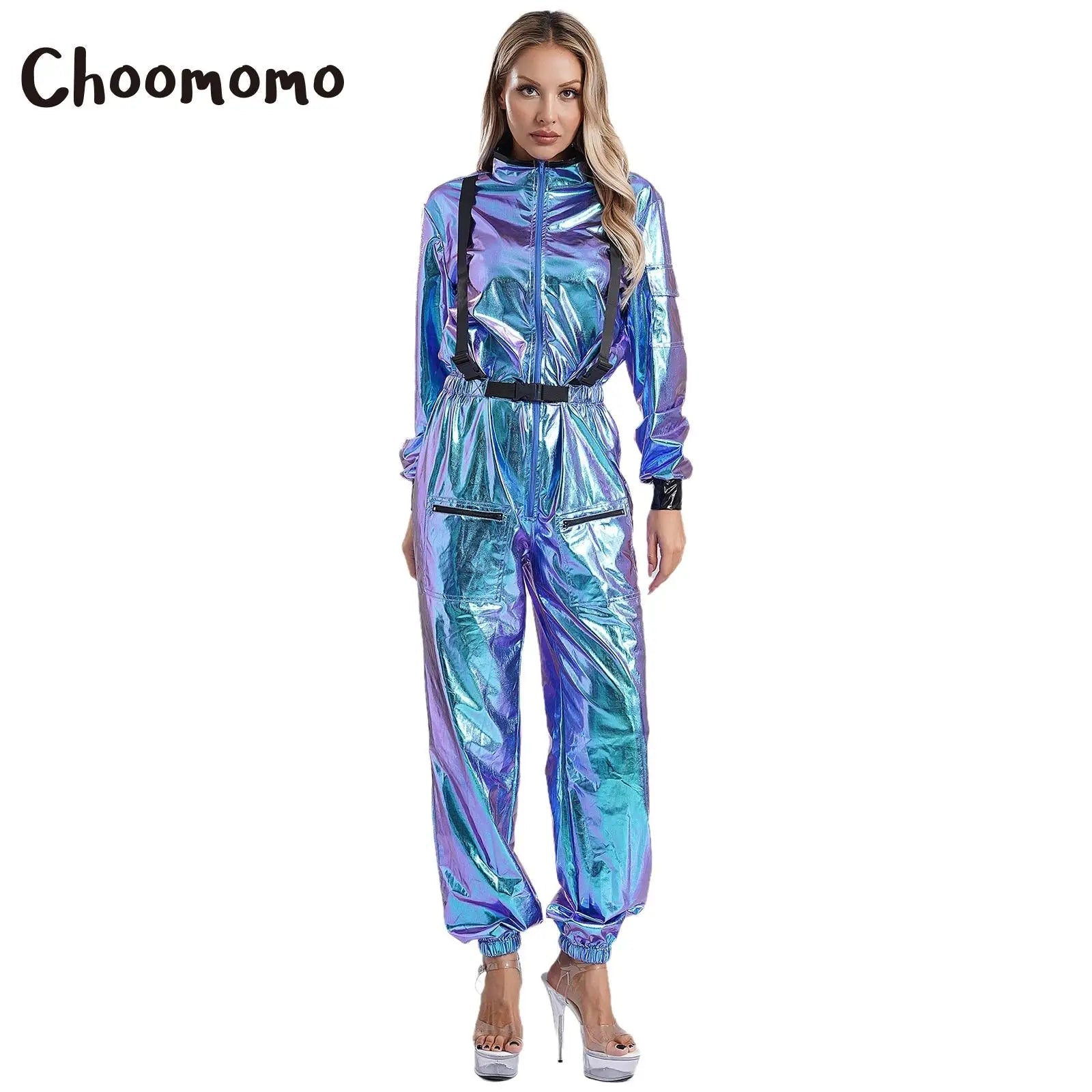 Damen Astronauten Kostüm Erwachsenen glänzenden metallischen Raumanzug Halloween Flug voller Body Overall Rollenspiel verkleiden - Blockshop.store