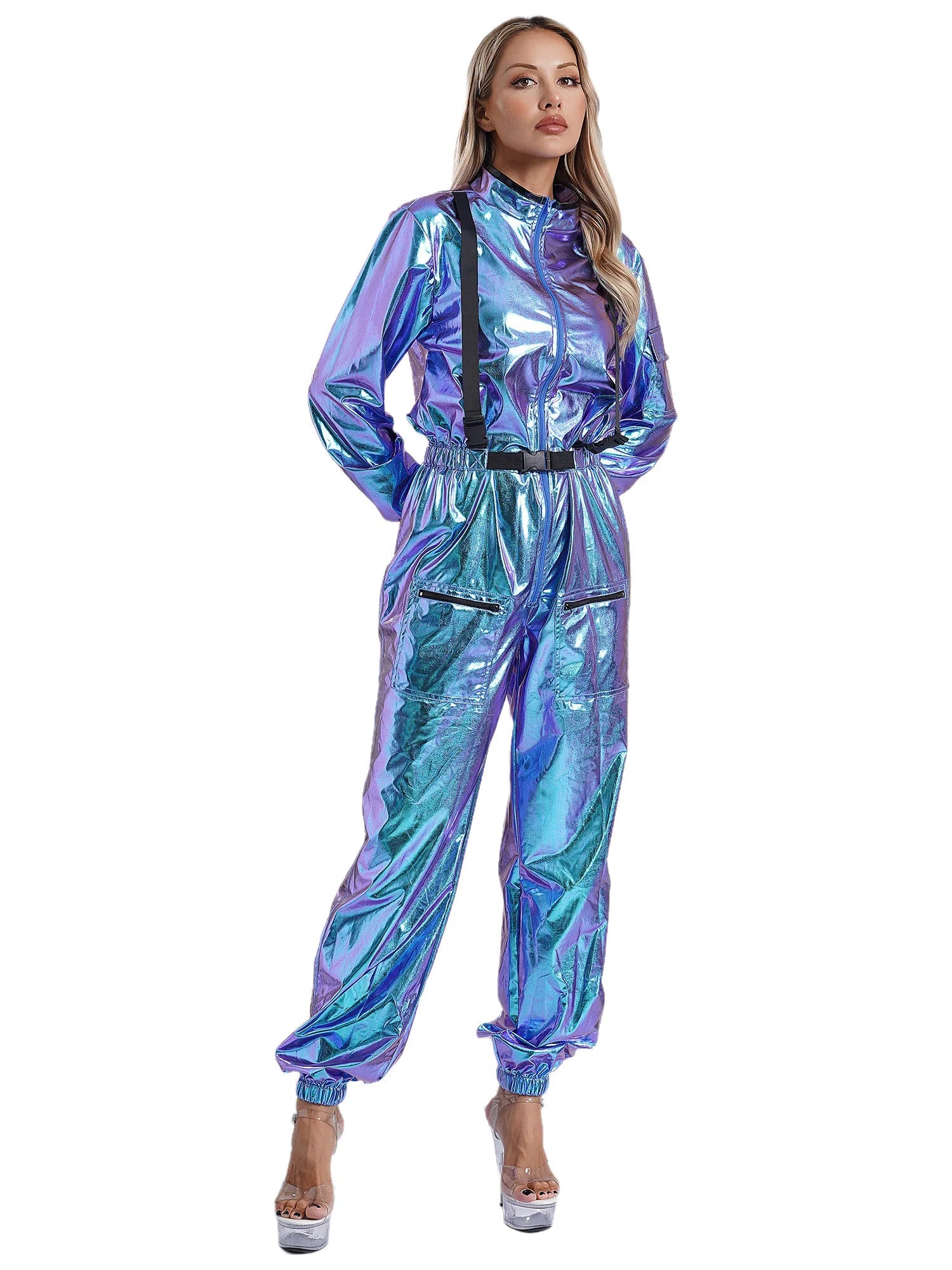 Damen Astronauten Kostüm Erwachsenen glänzenden metallischen Raumanzug Halloween Flug voller Body Overall Rollenspiel verkleiden - Blockshop.store