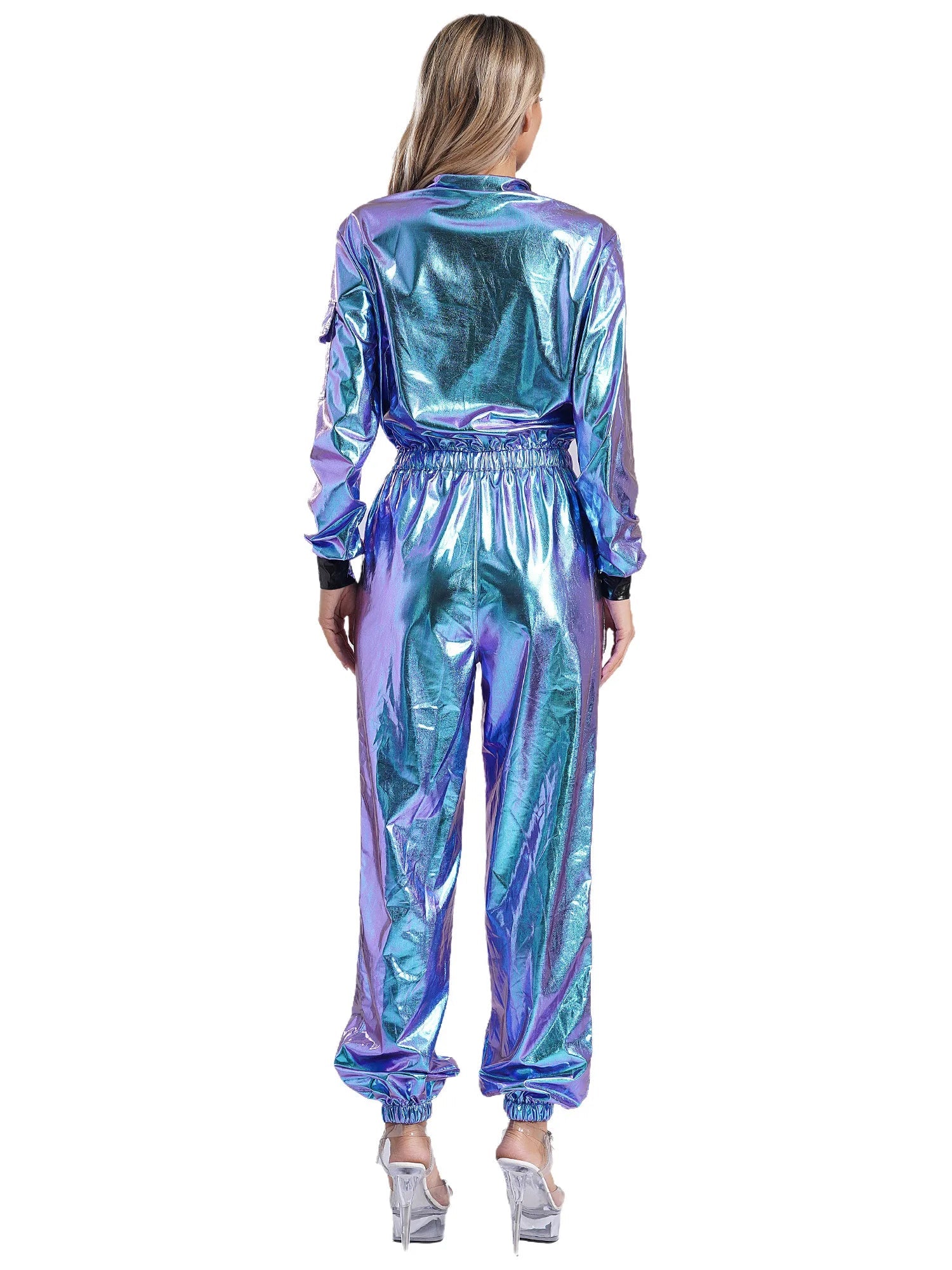 Damen Astronauten Kostüm Erwachsenen glänzenden metallischen Raumanzug Halloween Flug voller Body Overall Rollenspiel verkleiden - Blockshop.store