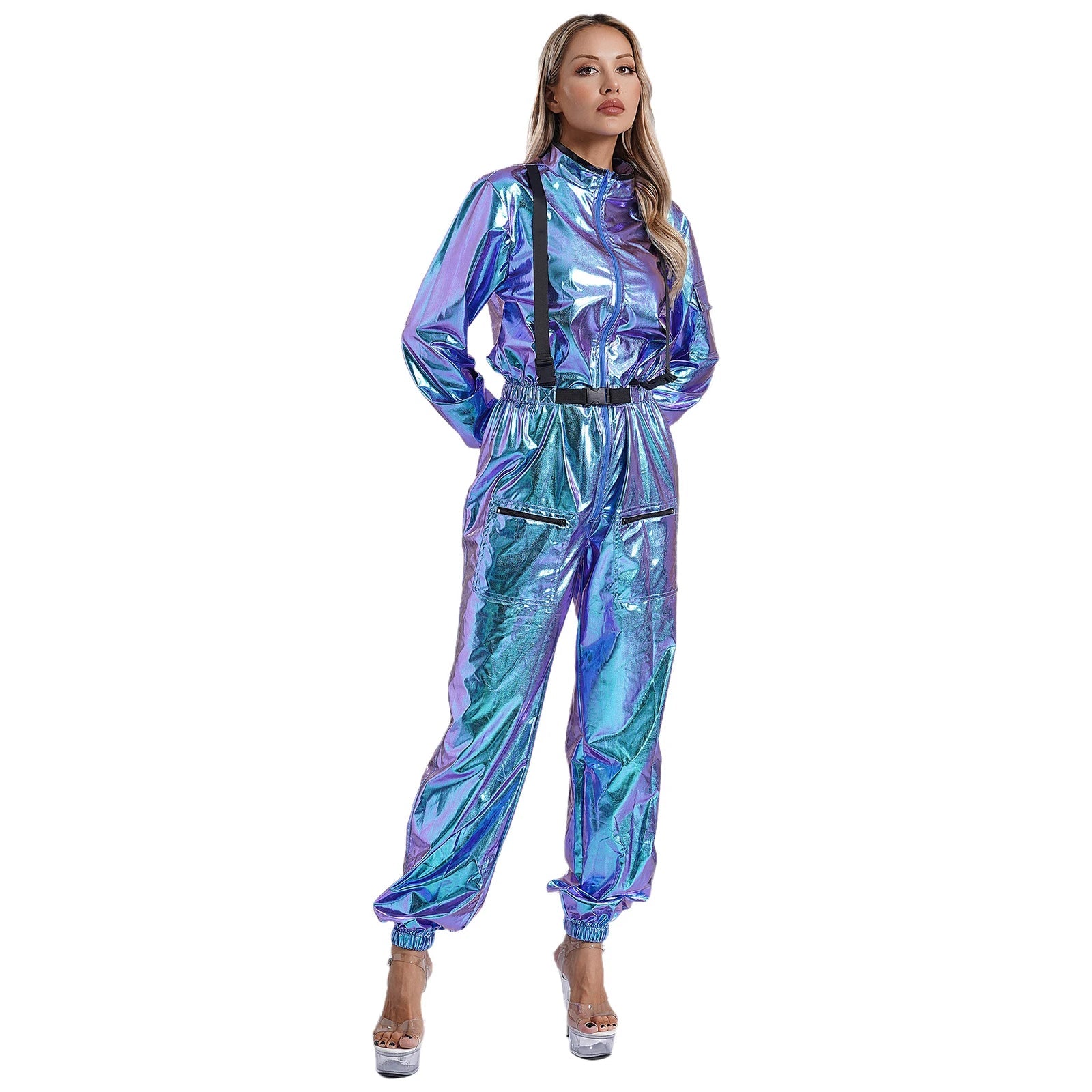 Damen Astronauten Kostüm Erwachsenen glänzenden metallischen Raumanzug Halloween Flug voller Body Overall Rollenspiel verkleiden - Blockshop.store