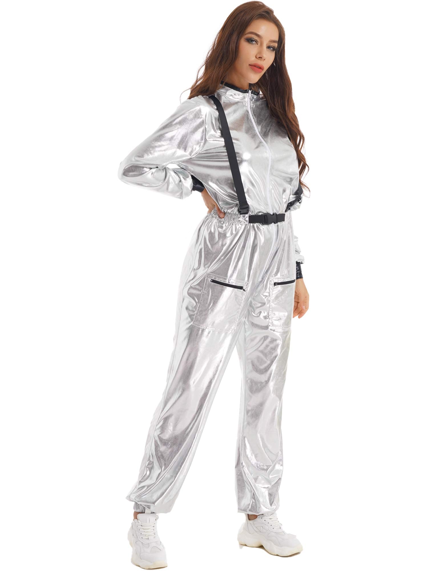 Damen Astronauten Kostüm Erwachsenen glänzenden metallischen Raumanzug Halloween Flug voller Body Overall Rollenspiel verkleiden - Blockshop.store