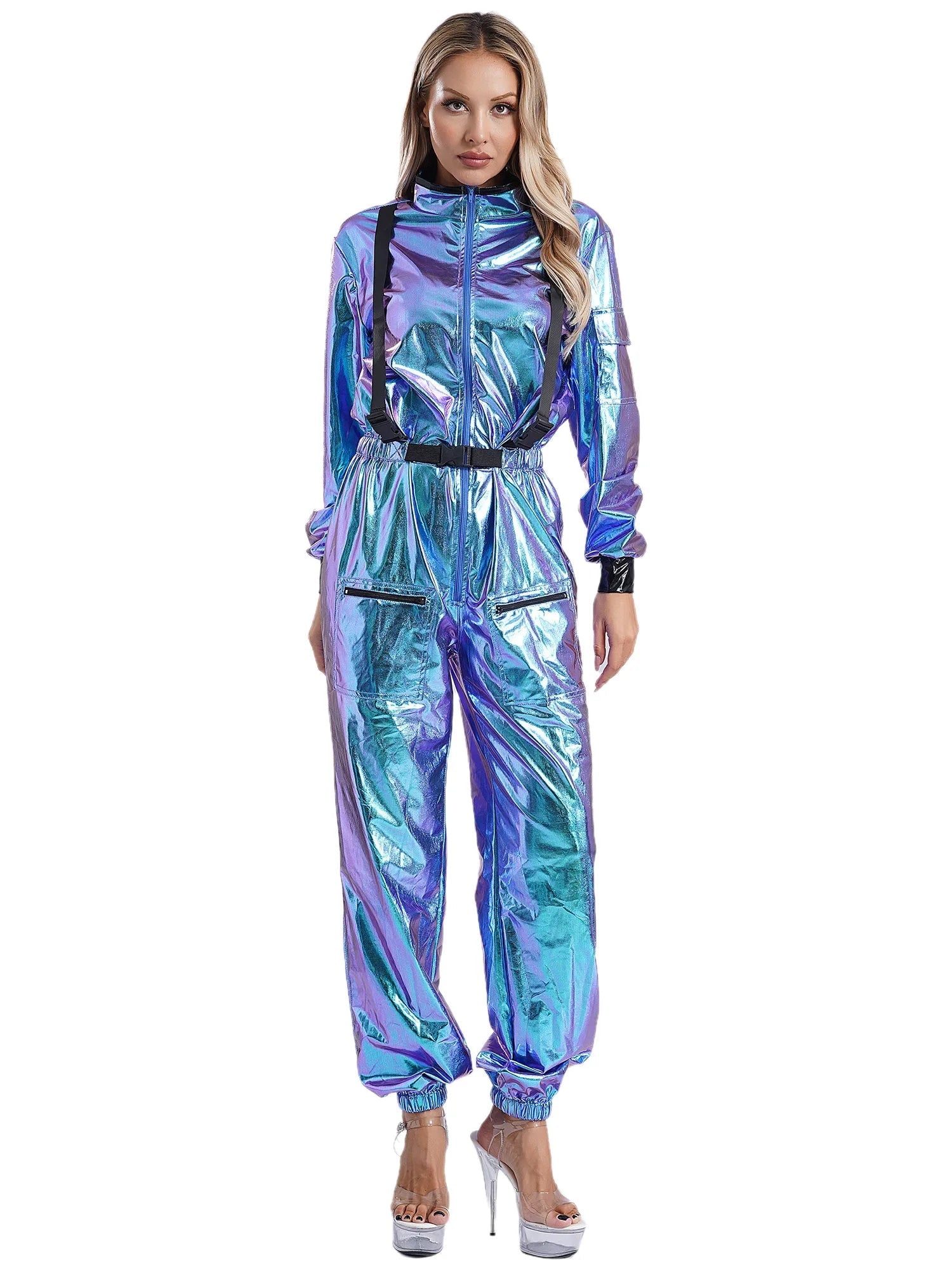 Damen Astronauten Kostüm Erwachsenen glänzenden metallischen Raumanzug Halloween Flug voller Body Overall Rollenspiel verkleiden - Blockshop.store