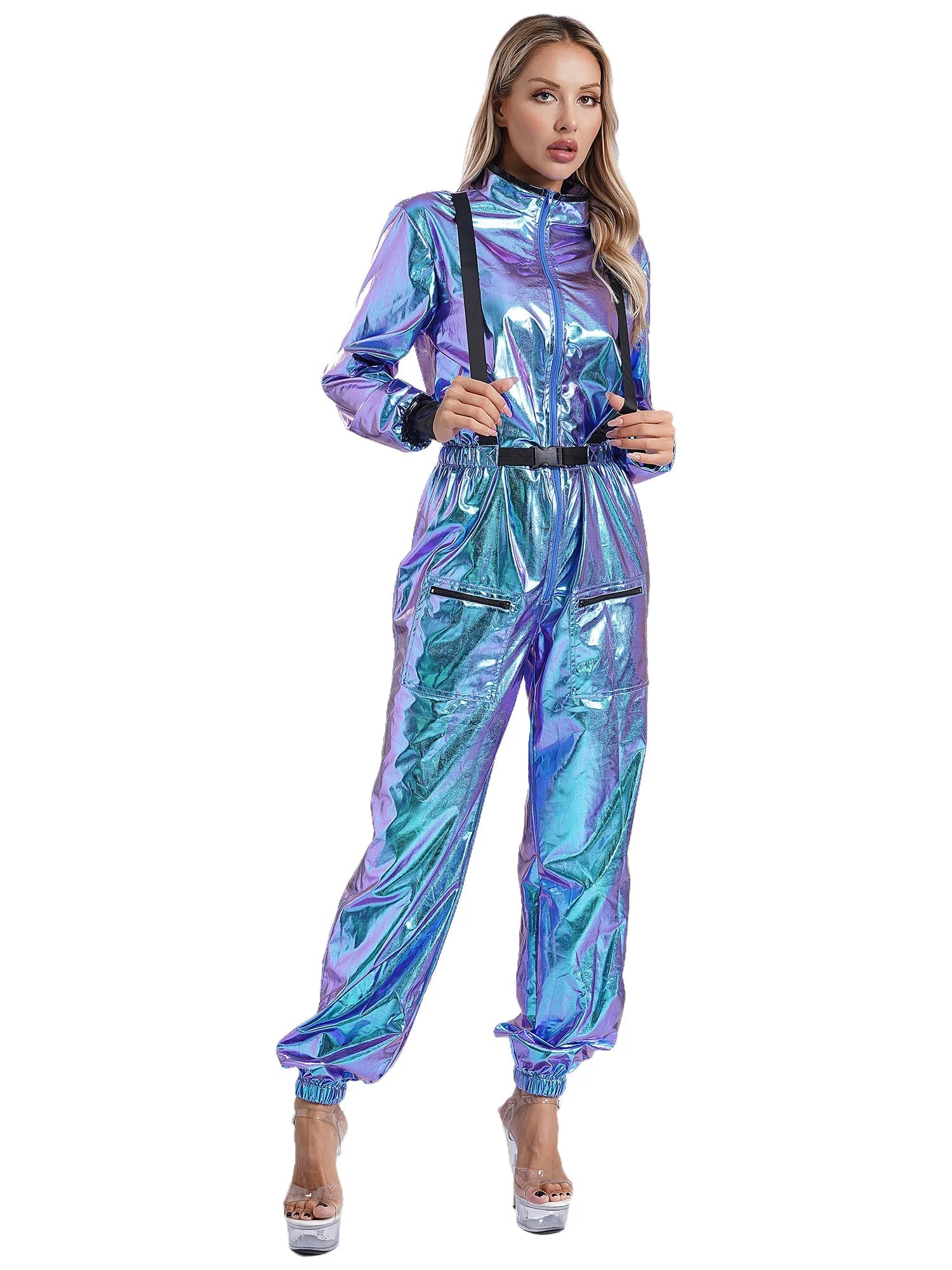 Damen Astronauten Kostüm Erwachsenen glänzenden metallischen Raumanzug Halloween Flug voller Body Overall Rollenspiel verkleiden - Blockshop.store