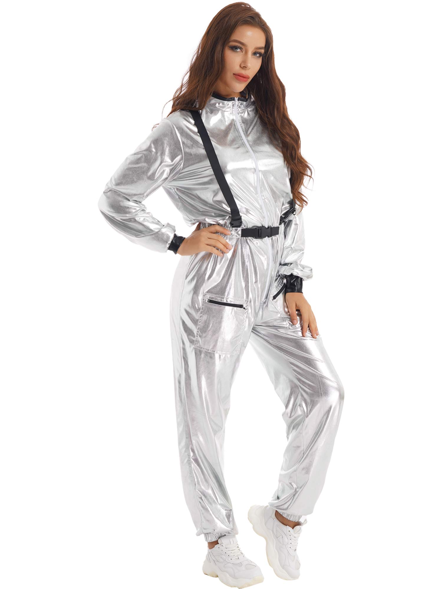 Damen Astronauten Kostüm Erwachsenen glänzenden metallischen Raumanzug Halloween Flug voller Body Overall Rollenspiel verkleiden - Blockshop.store