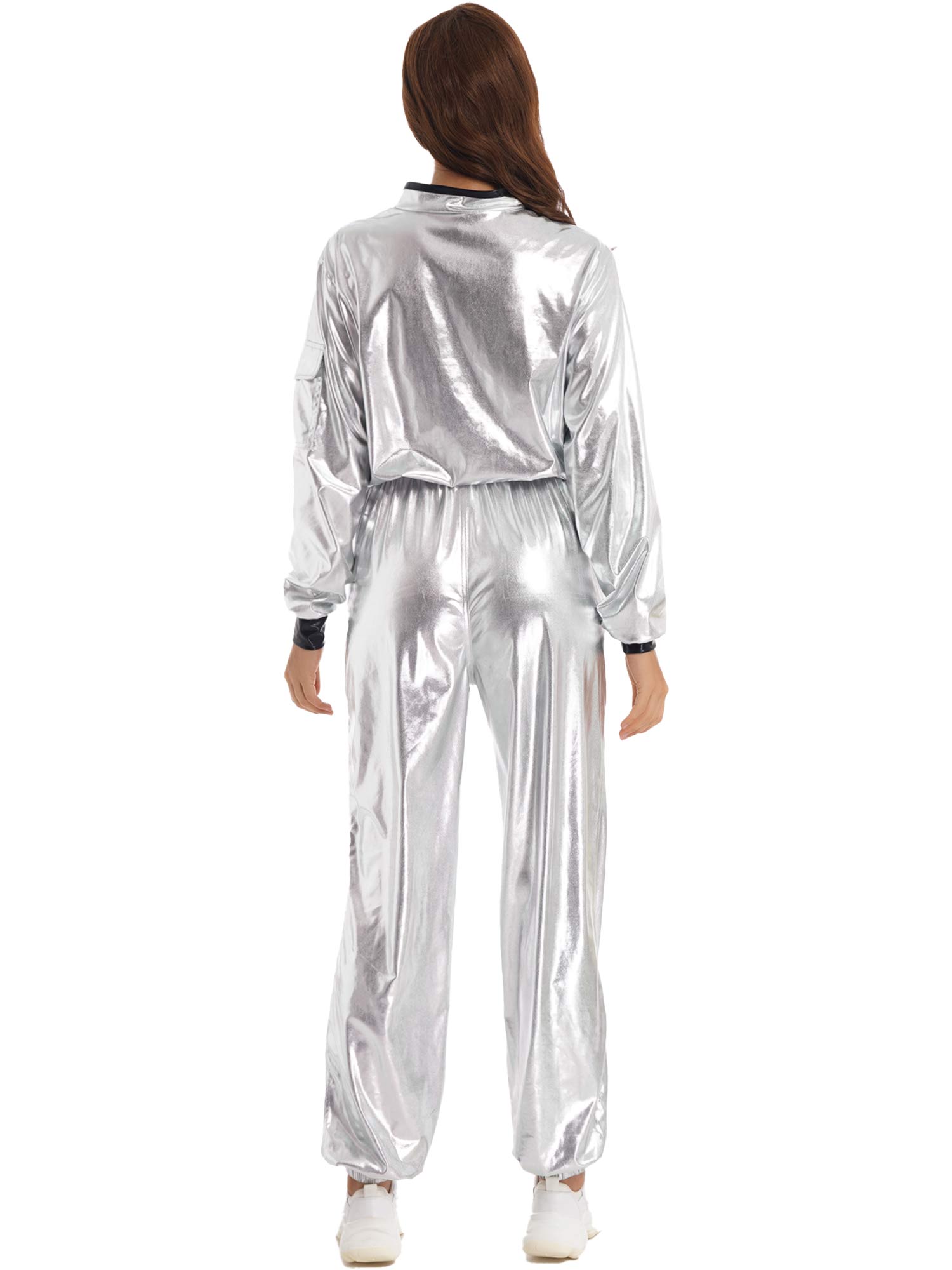 Damen Astronauten Kostüm Erwachsenen glänzenden metallischen Raumanzug Halloween Flug voller Body Overall Rollenspiel verkleiden - Blockshop.store